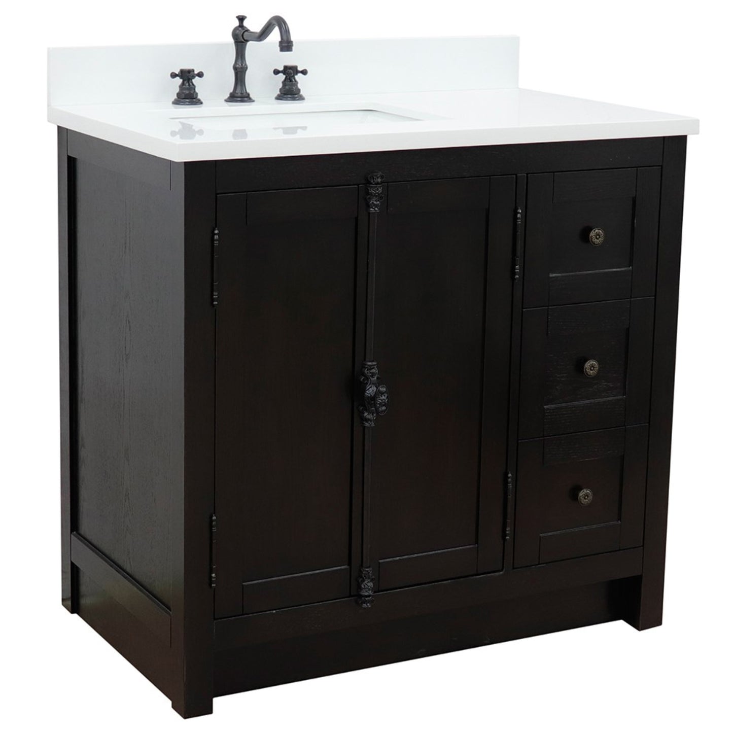 37" Single vanity in Brown Ash finish with White engineered stone top and rectangle sink Left doors/Left sink