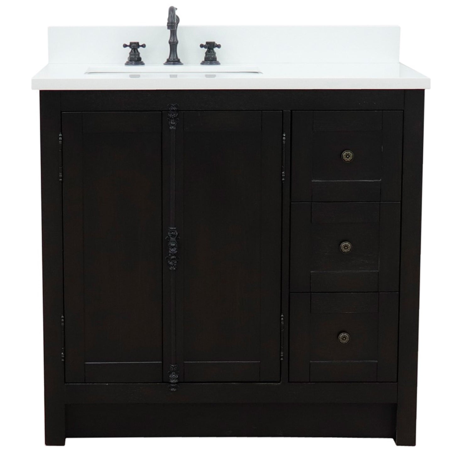 37" Single vanity in Brown Ash finish with White engineered stone top and rectangle sink Left doors/Left sink