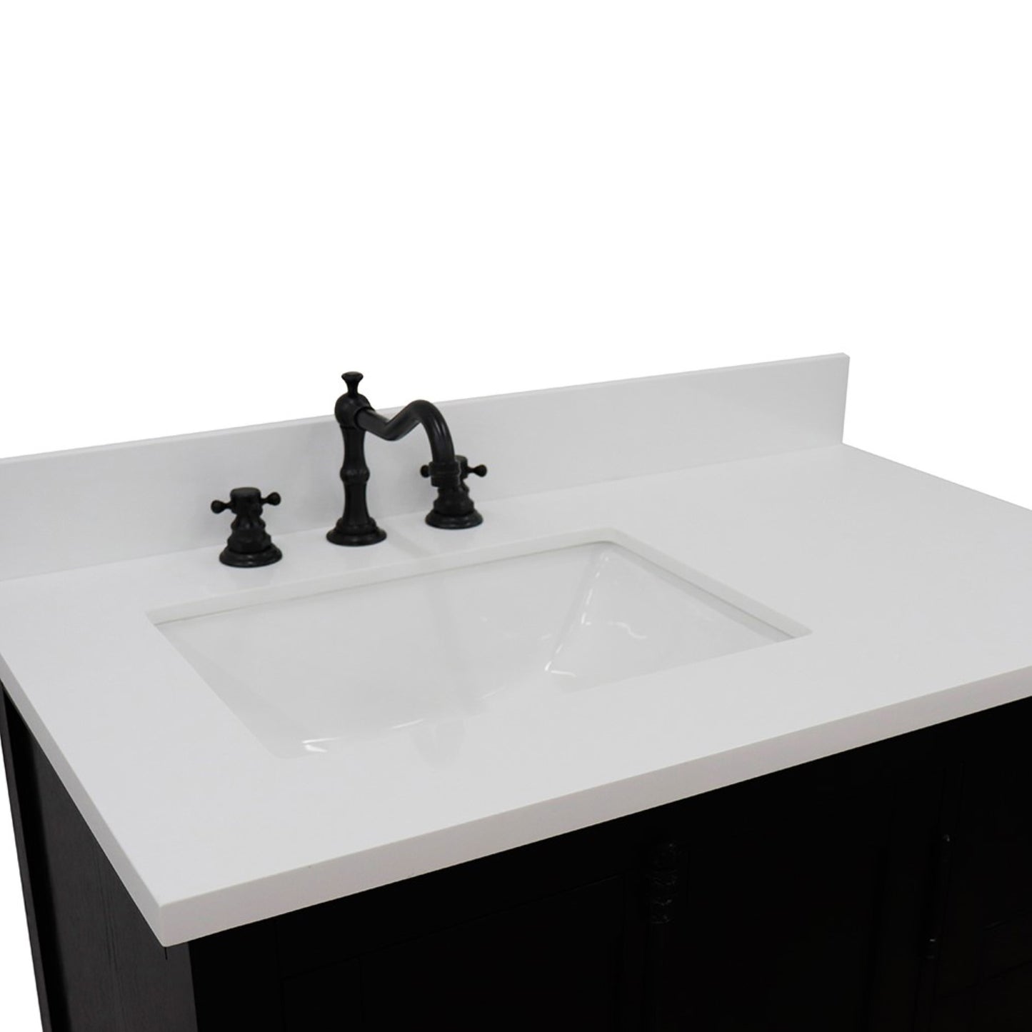 37" Single vanity in Brown Ash finish with White engineered stone top and rectangle sink Left doors/Left sink