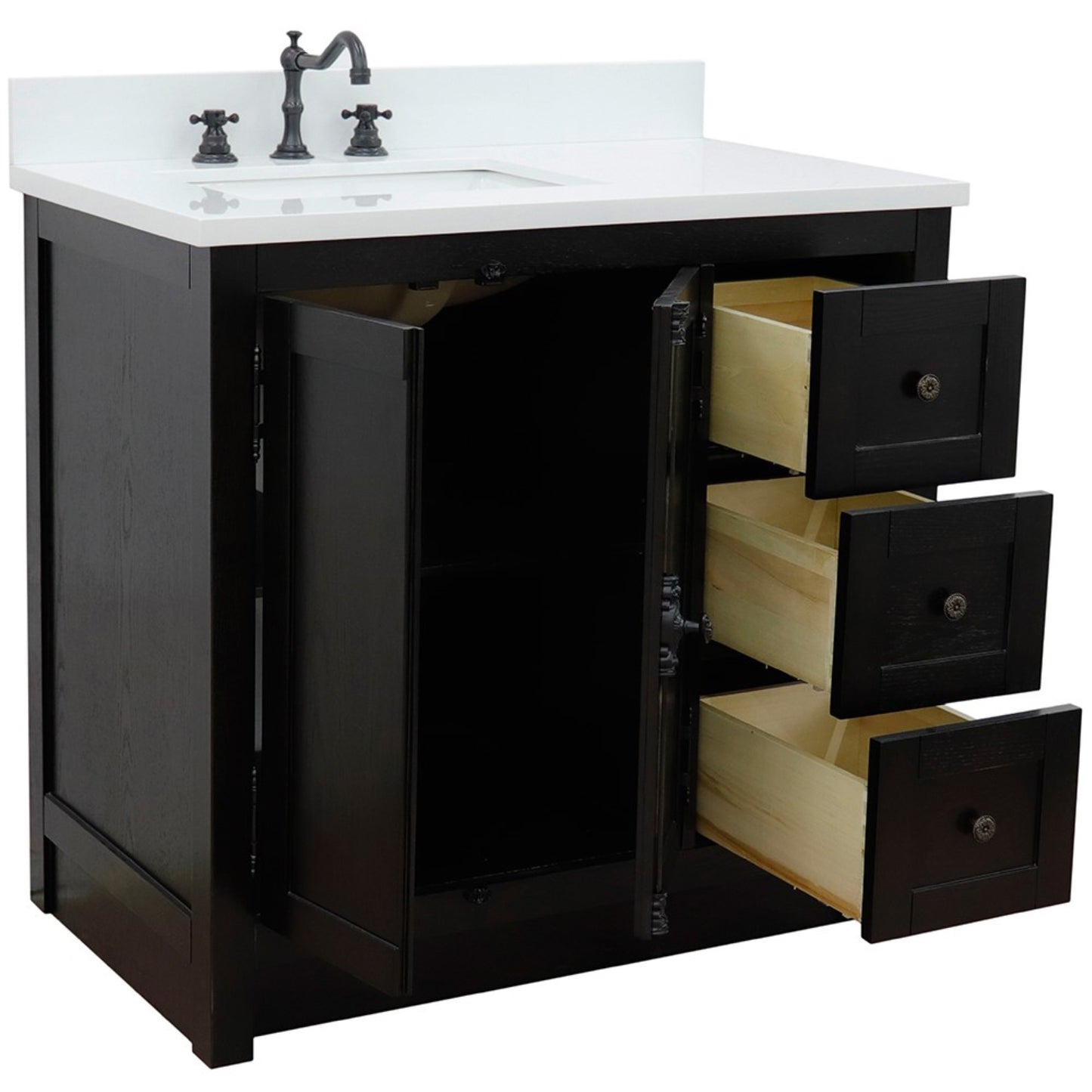 37" Single vanity in Brown Ash finish with White engineered stone top and rectangle sink Left doors/Left sink