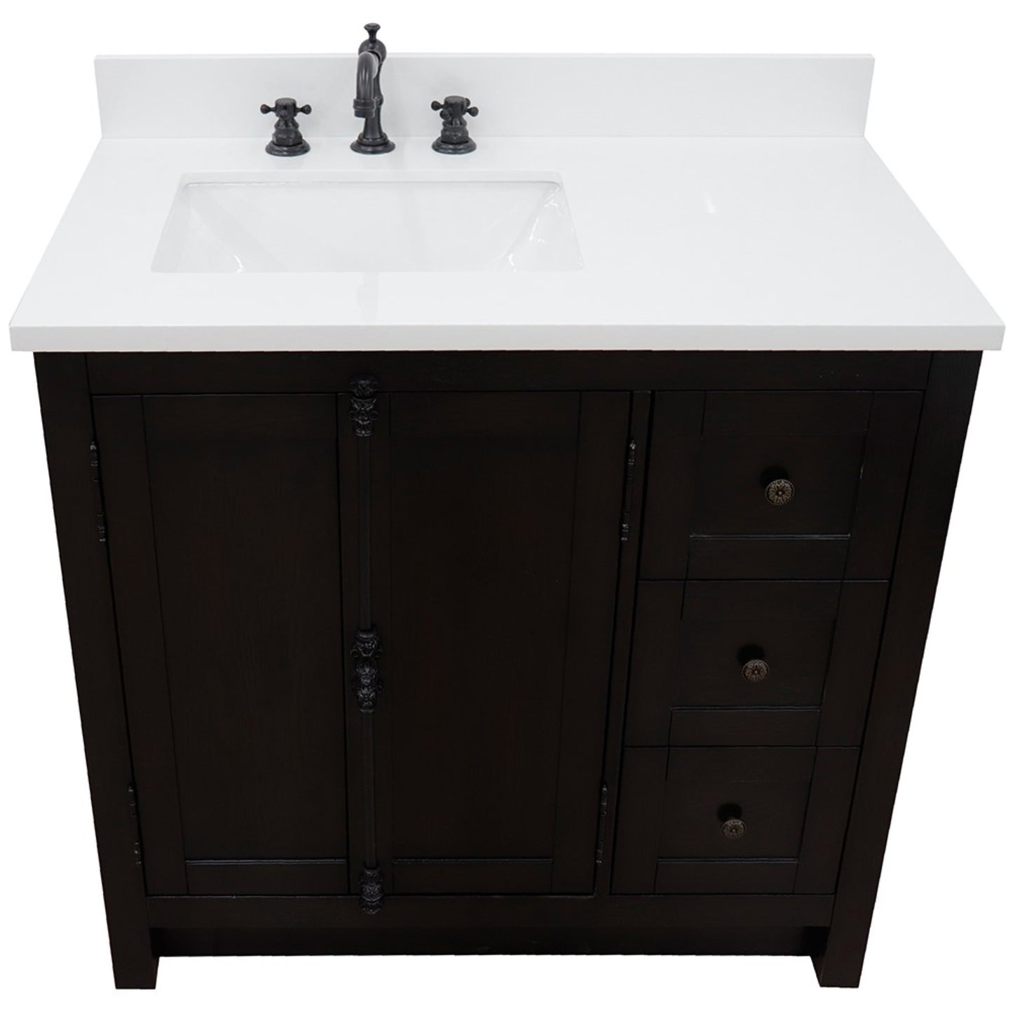37" Single vanity in Brown Ash finish with White engineered stone top and rectangle sink Left doors/Left sink