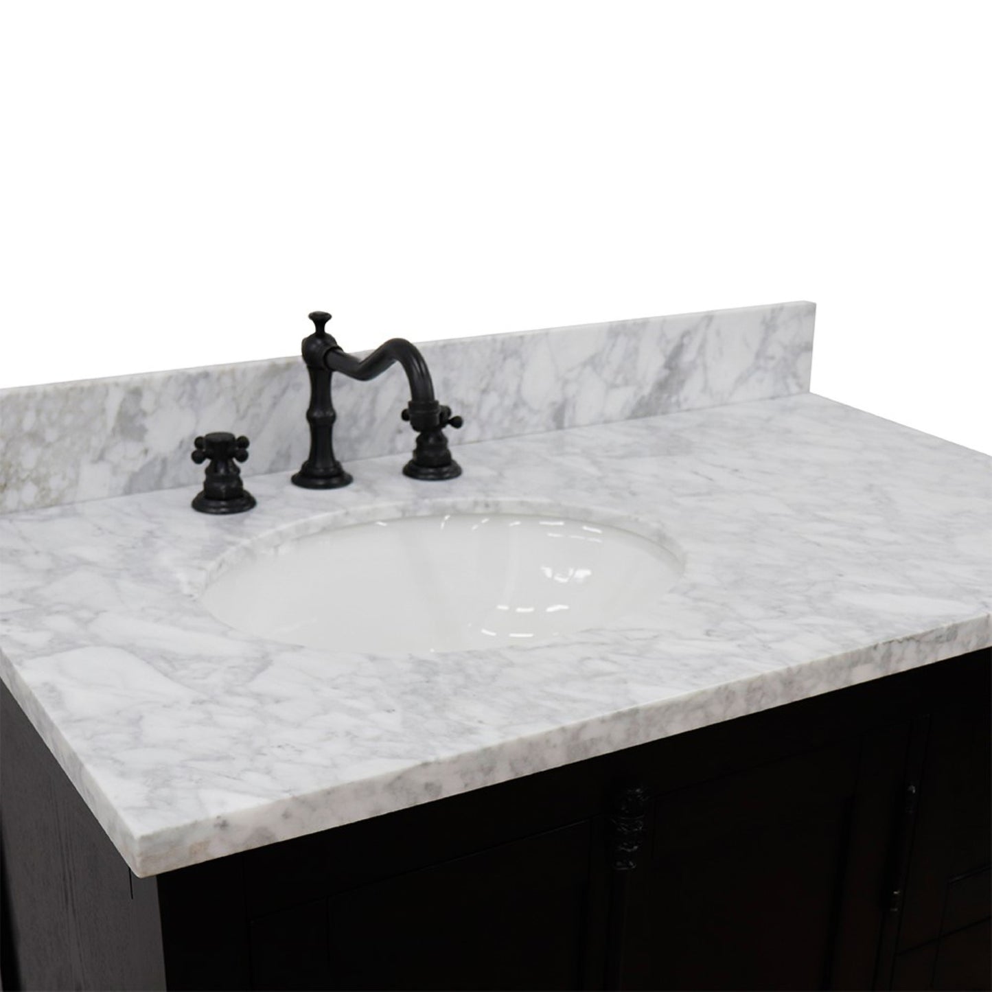 37" Single vanity in Brown Ash finish with White Carrara top and oval sink Left doors/Left sink