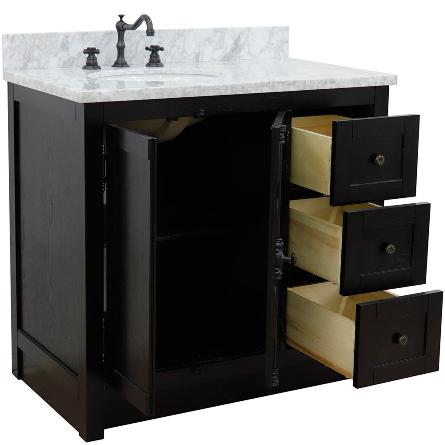 37" Single vanity in Brown Ash finish with White Carrara top and oval sink Left doors/Left sink