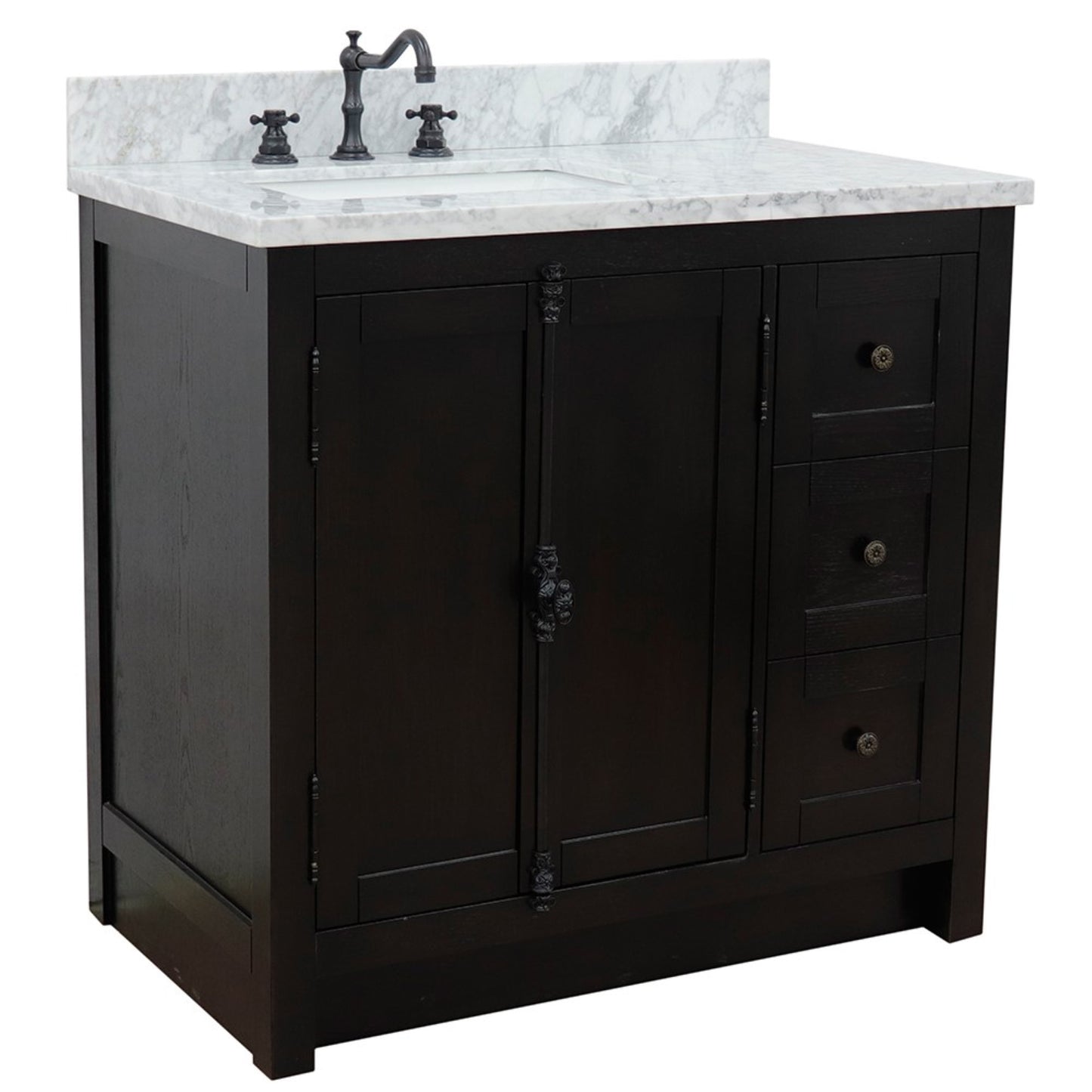 37" Single vanity in Brown Ash finish with White Carrara top and rectangle sink Left doors/Left sink