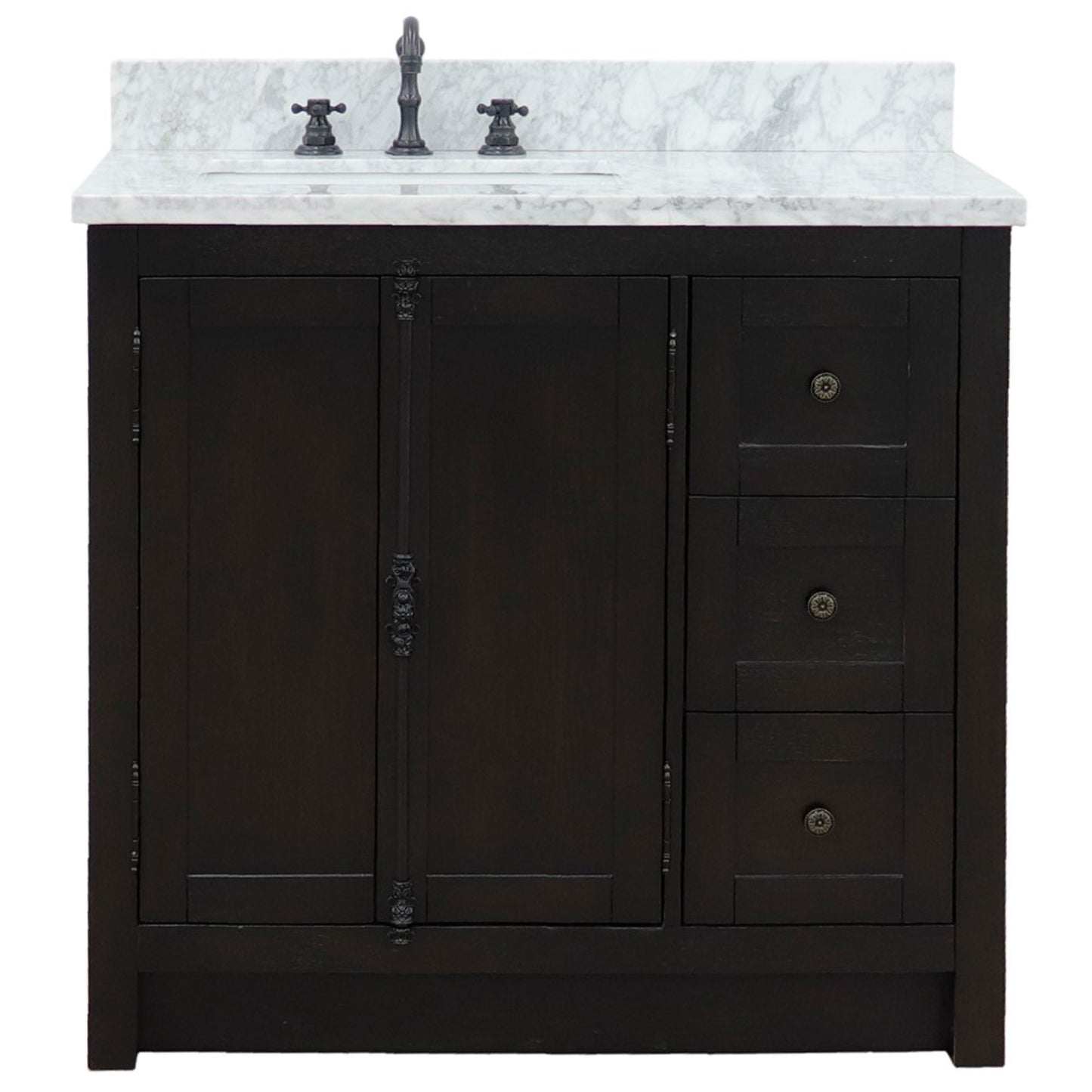 37" Single vanity in Brown Ash finish with White Carrara top and rectangle sink Left doors/Left sink