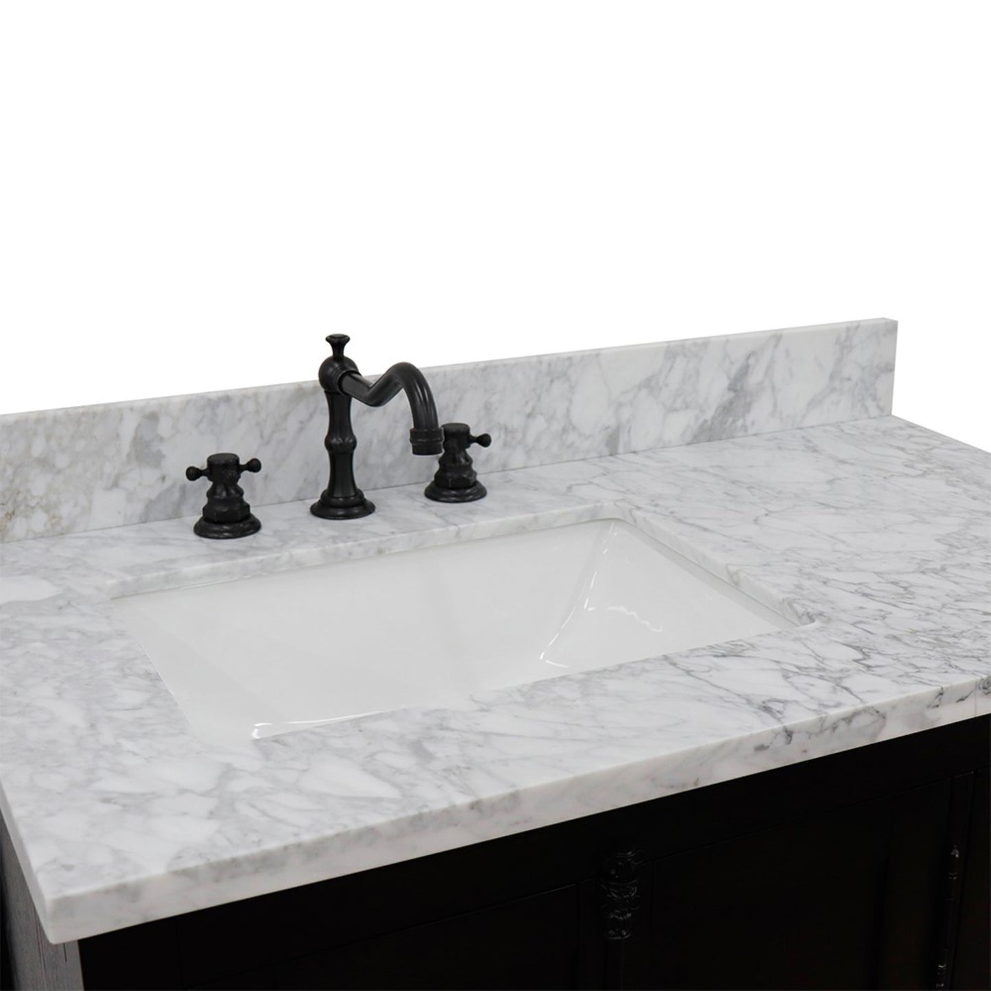 37" Single vanity in Brown Ash finish with White Carrara top and rectangle sink Left doors/Left sink