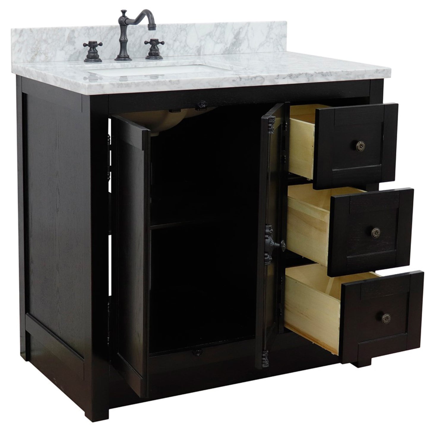 37" Single vanity in Brown Ash finish with White Carrara top and rectangle sink Left doors/Left sink
