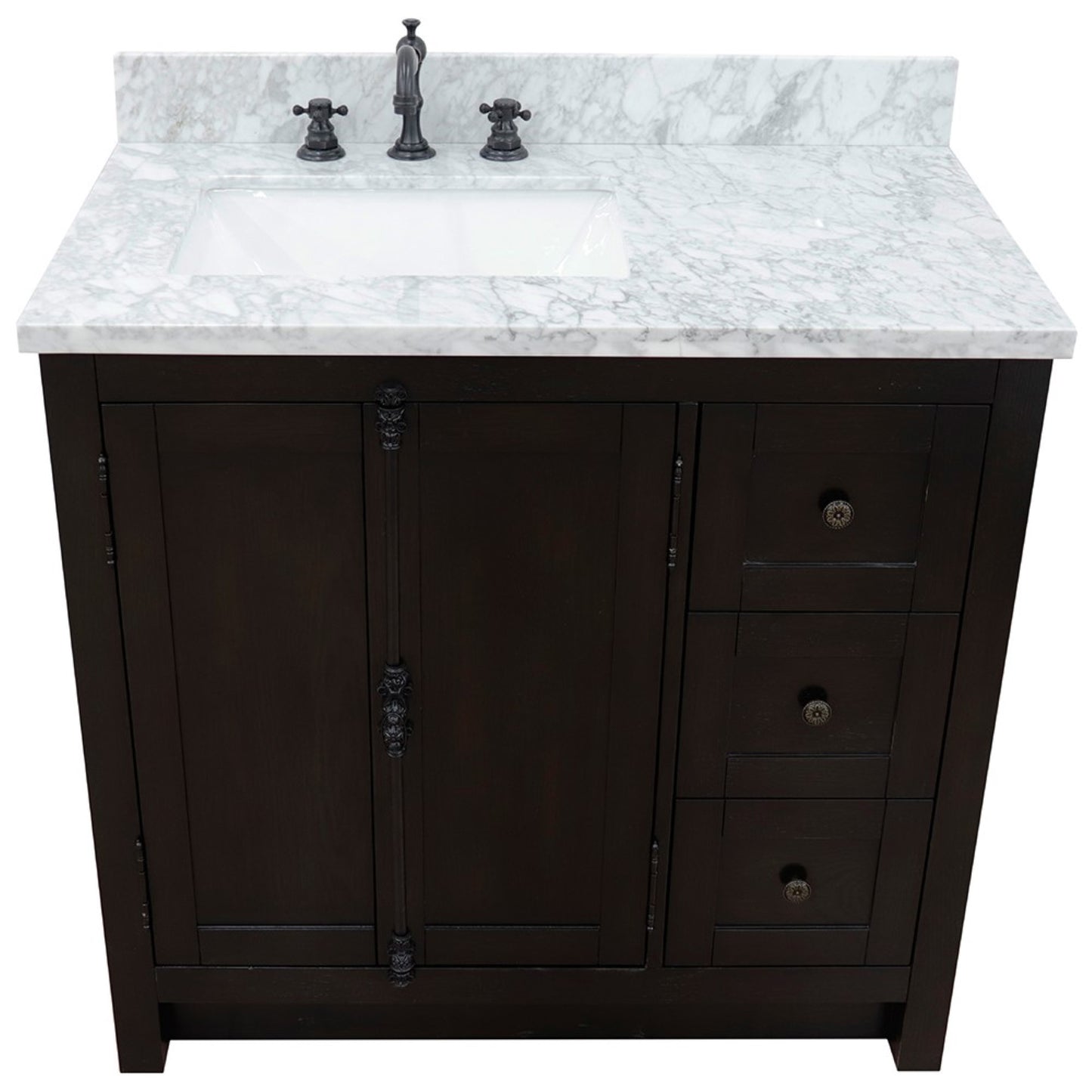 37" Single vanity in Brown Ash finish with White Carrara top and rectangle sink Left doors/Left sink