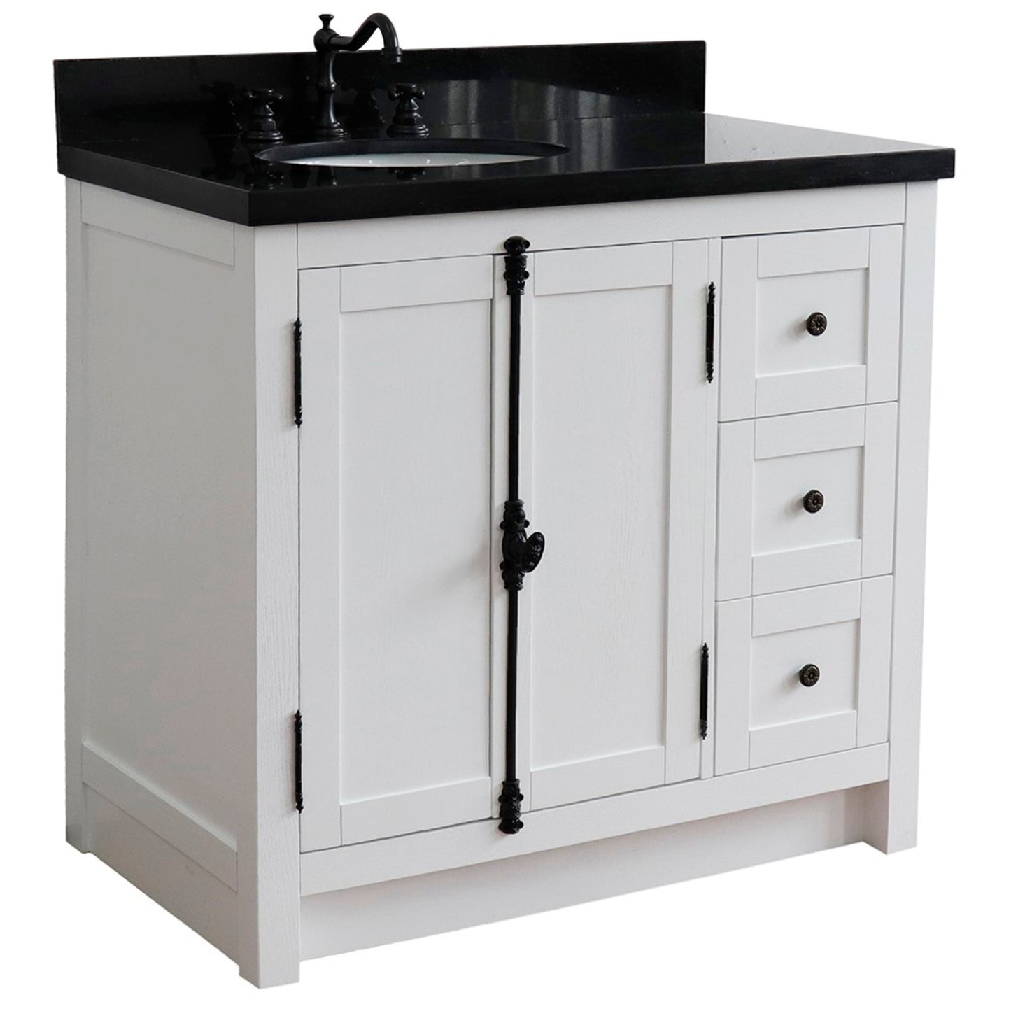 37" Single vanity in Glacier Ash finish with Black galaxy top and oval sink Left doors/Left sink