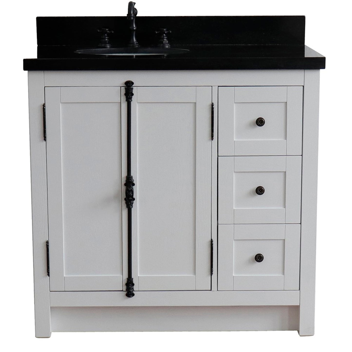 37" Single vanity in Glacier Ash finish with Black galaxy top and oval sink Left doors/Left sink