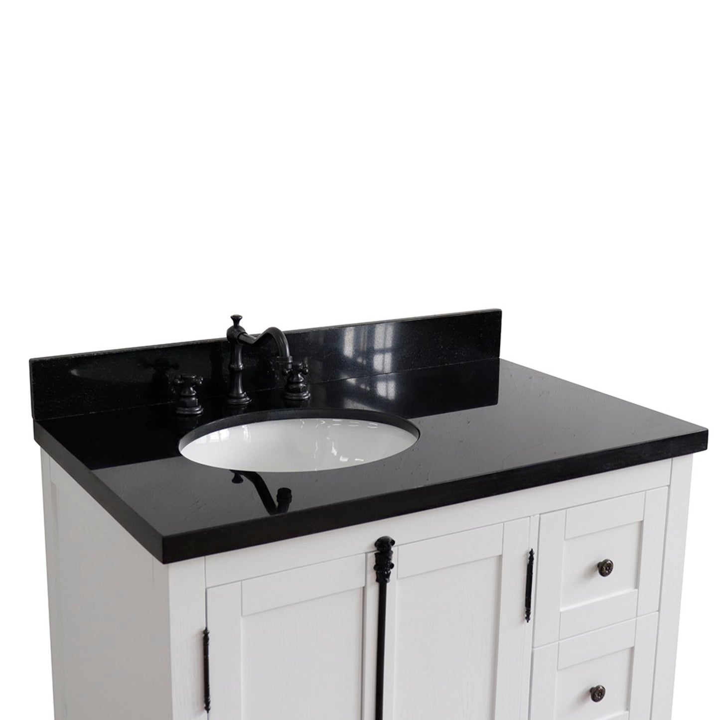 37" Single vanity in Glacier Ash finish with Black galaxy top and oval sink Left doors/Left sink