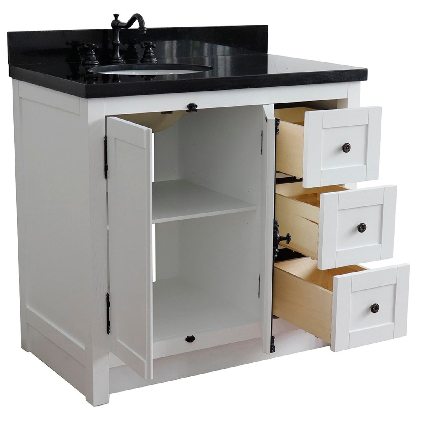 37" Single vanity in Glacier Ash finish with Black galaxy top and oval sink Left doors/Left sink