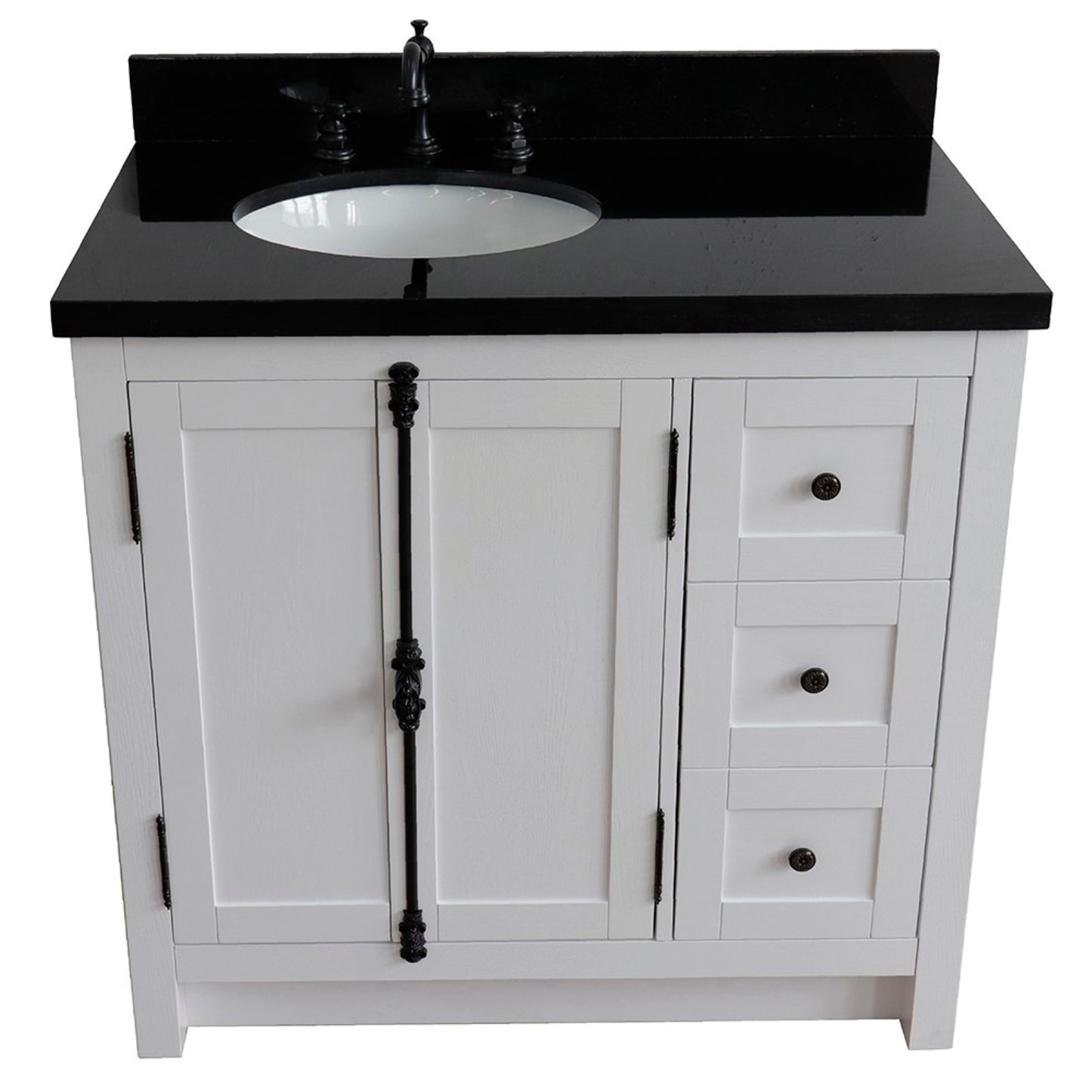 37" Single vanity in Glacier Ash finish with Black galaxy top and oval sink Left doors/Left sink