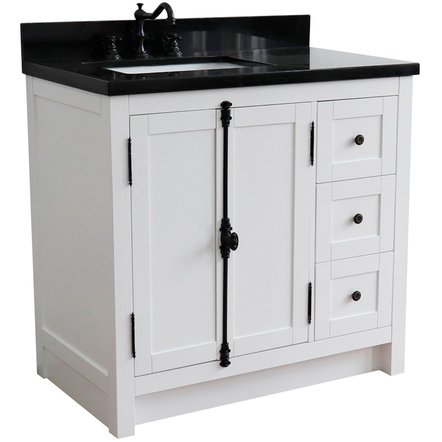 37" Single vanity in Glacier Ash finish with Black galaxy top and rectangle sink Left doors/Left sink