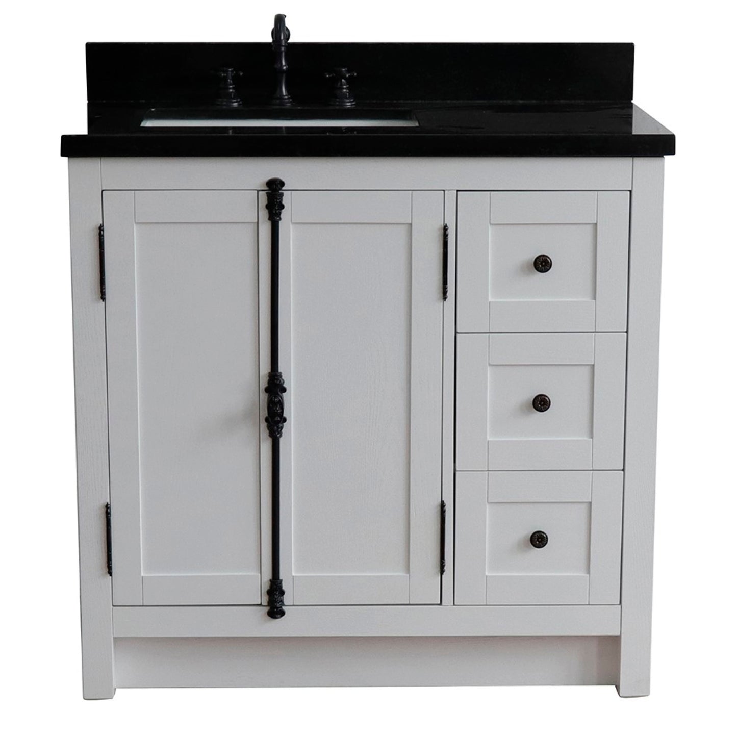 37" Single vanity in Glacier Ash finish with Black galaxy top and rectangle sink Left doors/Left sink