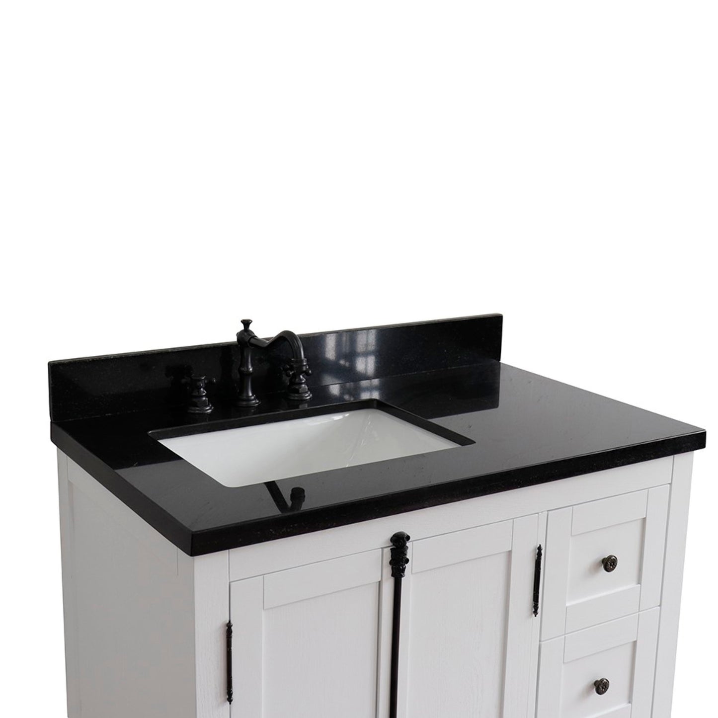 37" Single vanity in Glacier Ash finish with Black galaxy top and rectangle sink Left doors/Left sink
