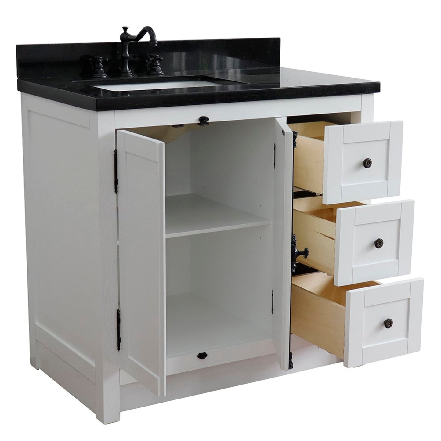 37" Single vanity in Glacier Ash finish with Black galaxy top and rectangle sink Left doors/Left sink