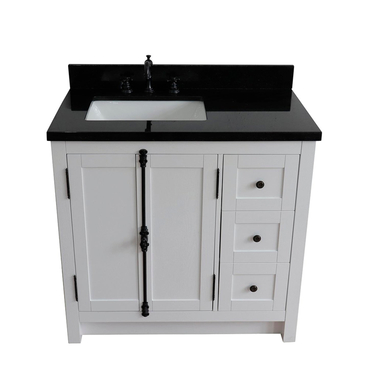 37" Single vanity in Glacier Ash finish with Black galaxy top and rectangle sink Left doors/Left sink