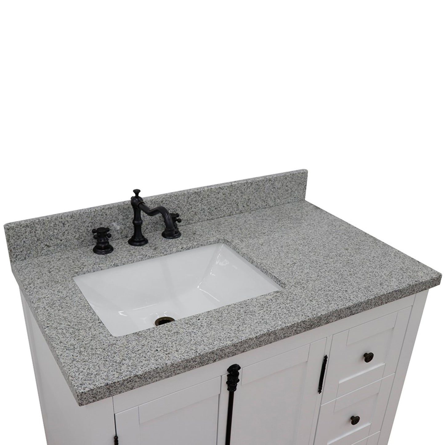 37" Single vanity in Glacier Ash finish with Gray granite top and rectangle sink Left doors/Left sink