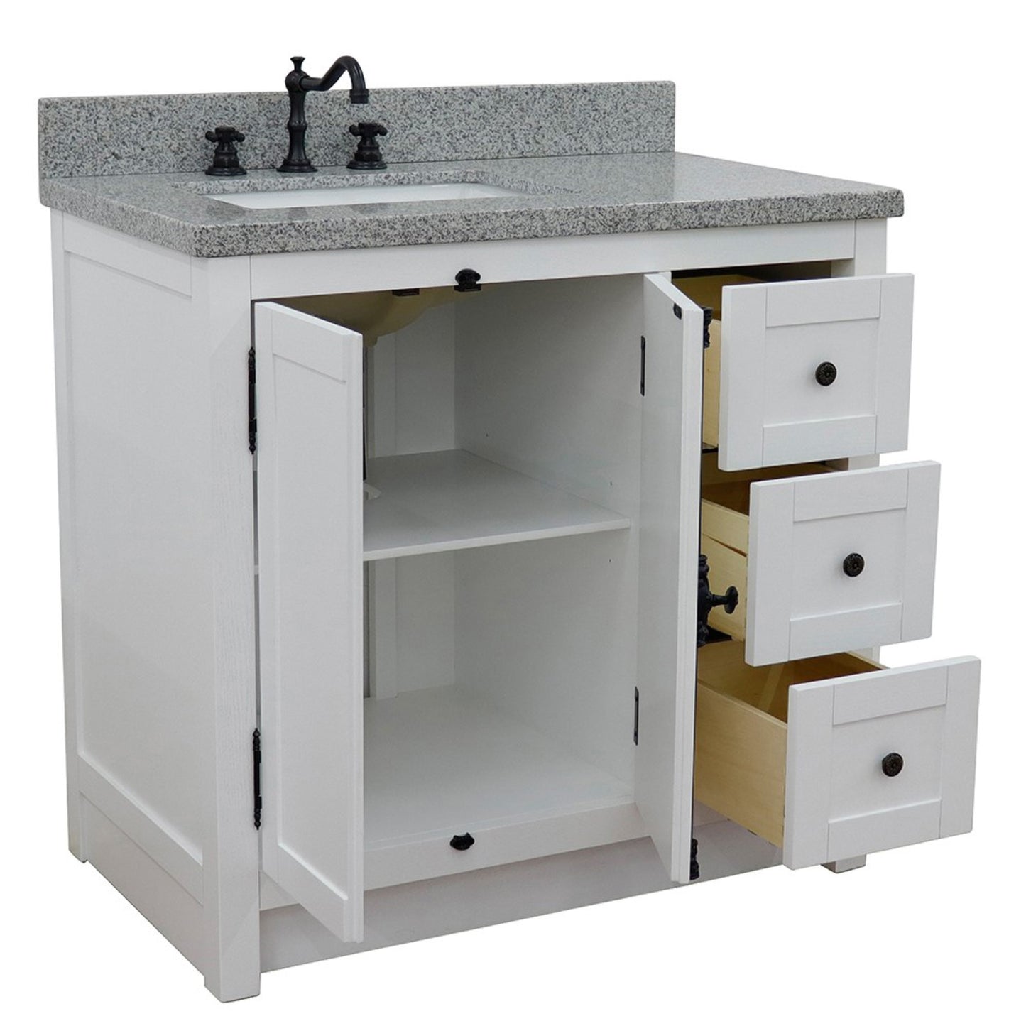 37" Single vanity in Glacier Ash finish with Gray granite top and rectangle sink Left doors/Left sink