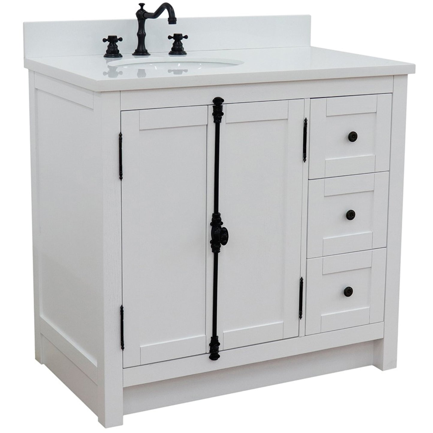 37" Single vanity in Glacier Ash finish with White engineered stone top and oval sink Left doors/Left sink