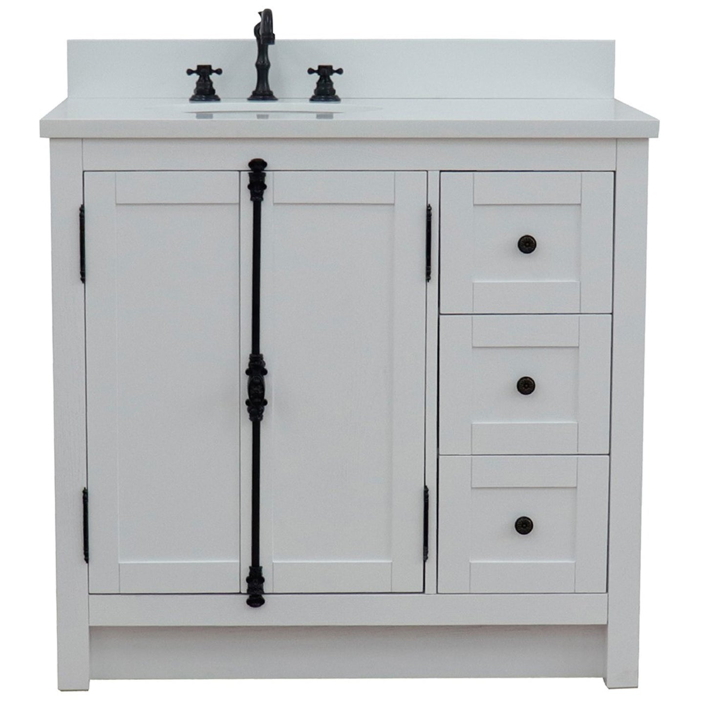 37" Single vanity in Glacier Ash finish with White engineered stone top and oval sink Left doors/Left sink