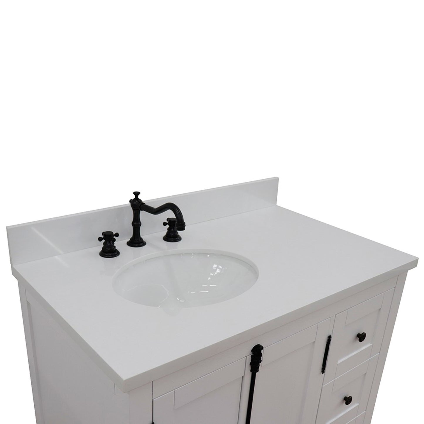 37" Single vanity in Glacier Ash finish with White engineered stone top and oval sink Left doors/Left sink