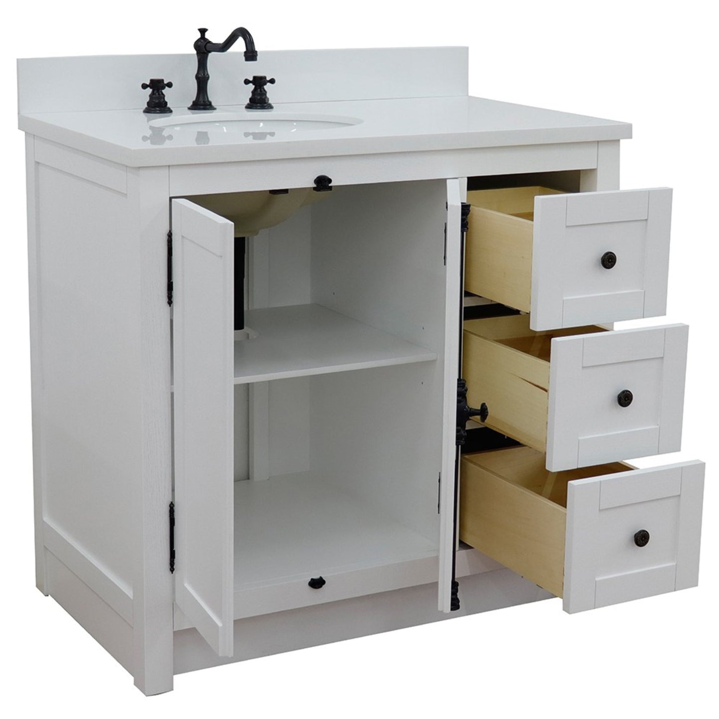 37" Single vanity in Glacier Ash finish with White engineered stone top and oval sink Left doors/Left sink
