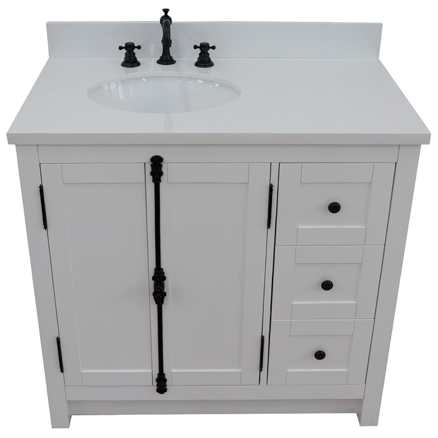 37" Single vanity in Glacier Ash finish with White engineered stone top and oval sink Left doors/Left sink
