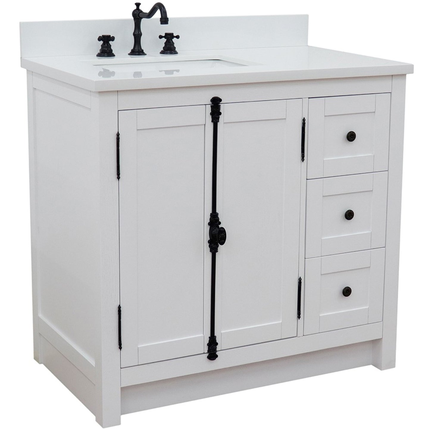 37" Single vanity in Glacier Ash finish with White engineered stone top and rectangle sink Left doors/Left sink