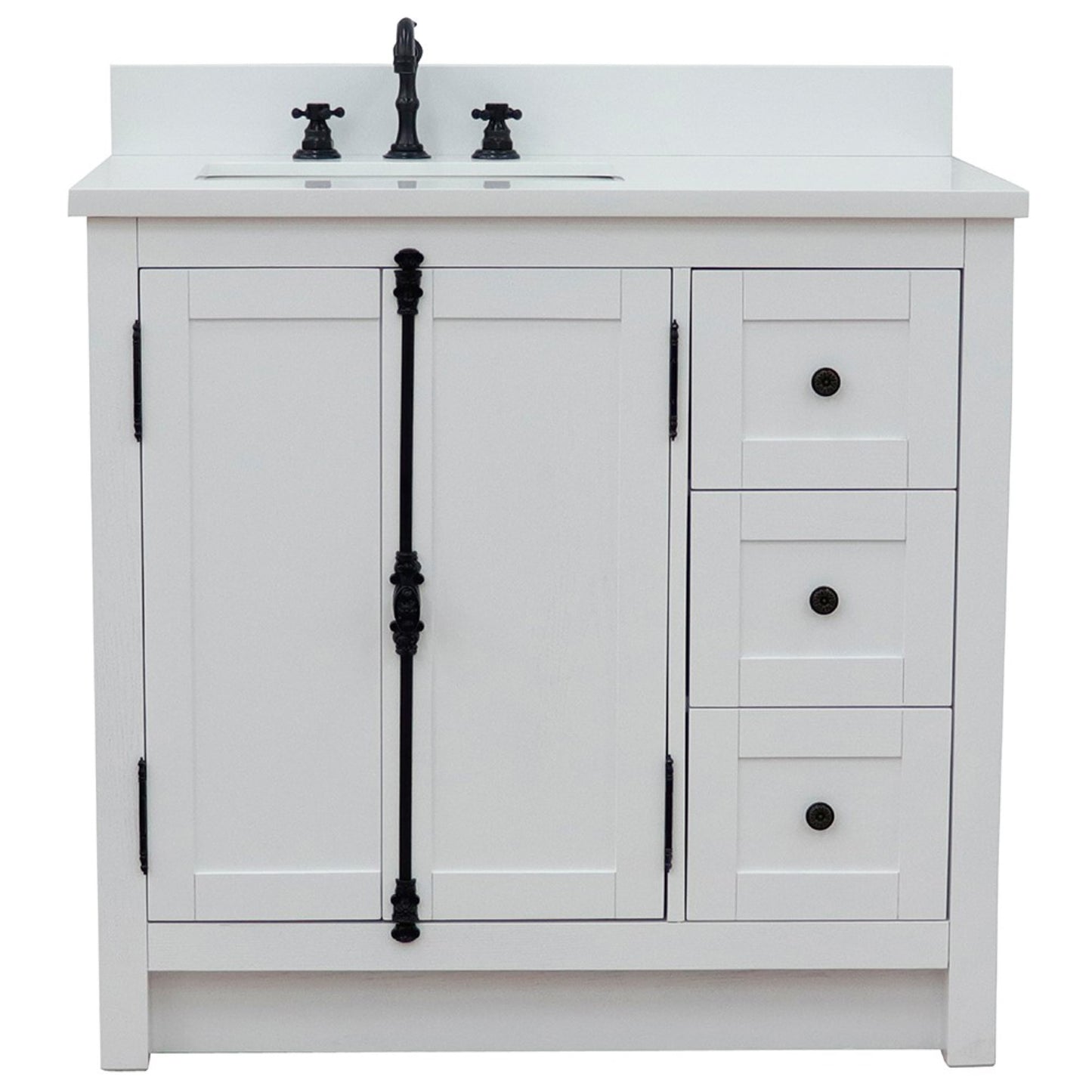 37" Single vanity in Glacier Ash finish with White engineered stone top and rectangle sink Left doors/Left sink