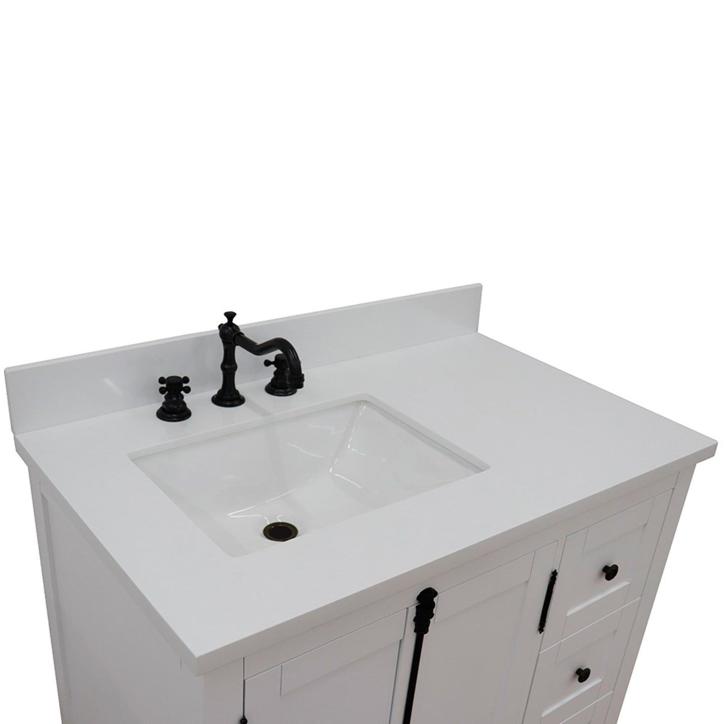 37" Single vanity in Glacier Ash finish with White engineered stone top and rectangle sink Left doors/Left sink
