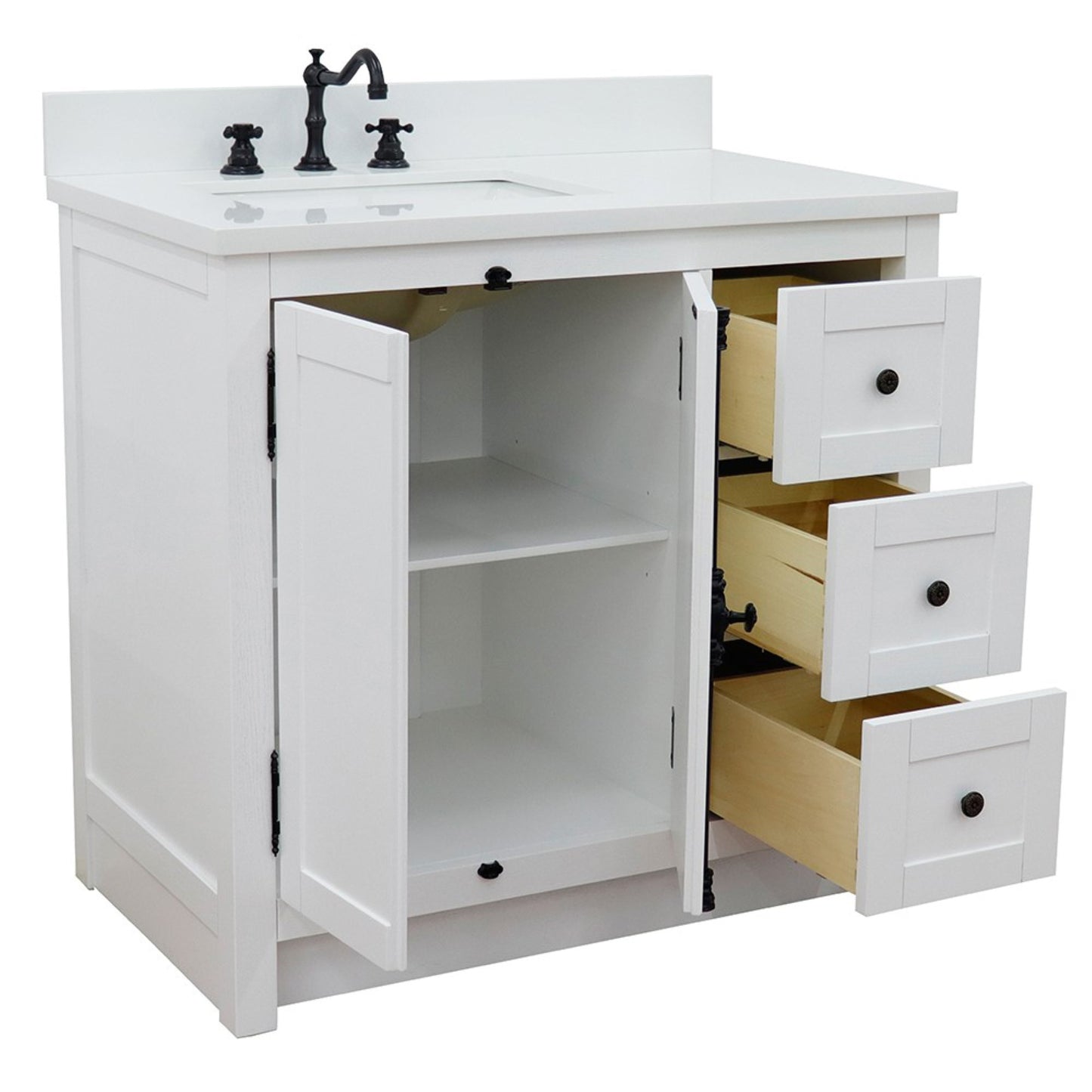 37" Single vanity in Glacier Ash finish with White engineered stone top and rectangle sink Left doors/Left sink