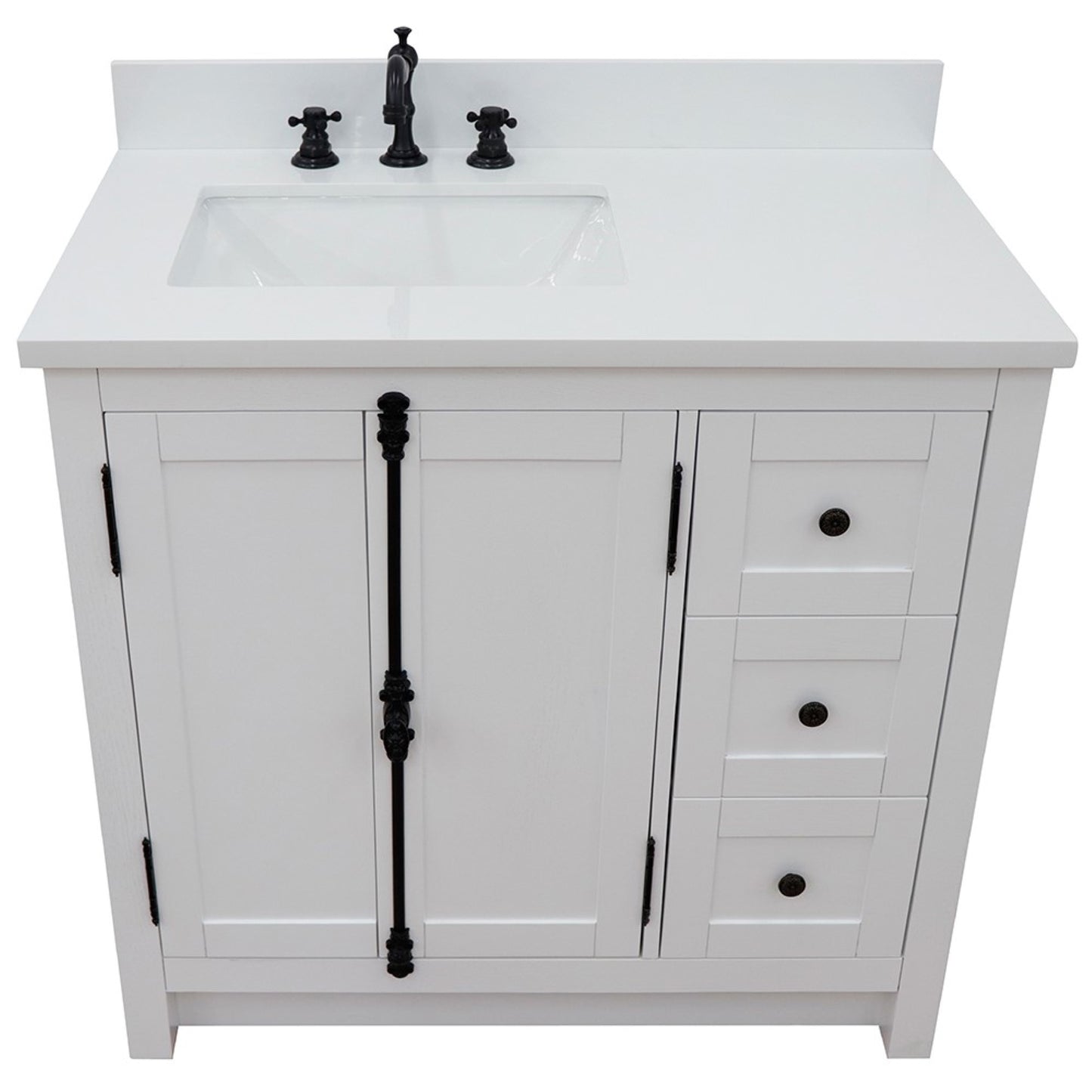 37" Single vanity in Glacier Ash finish with White engineered stone top and rectangle sink Left doors/Left sink