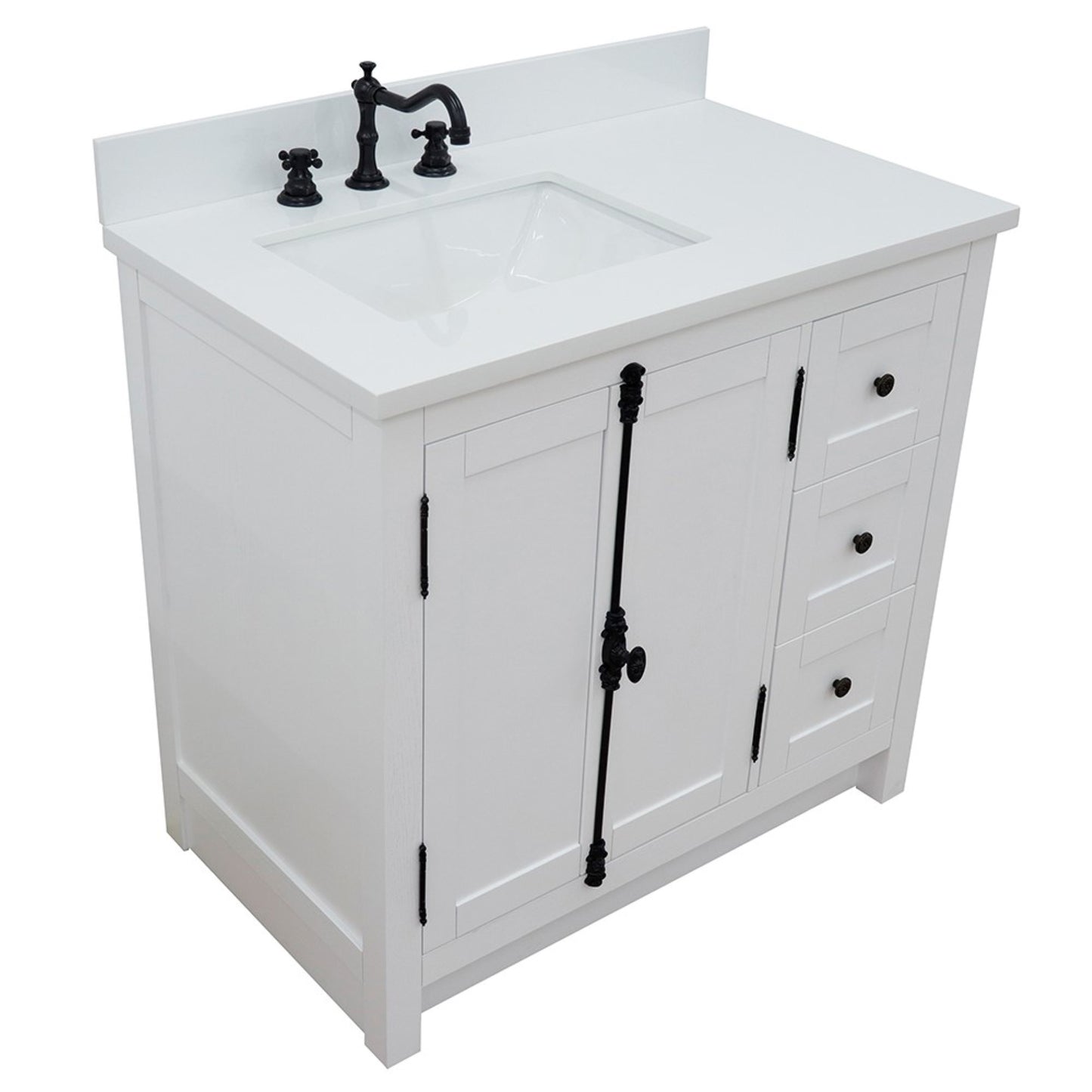 37" Single vanity in Glacier Ash finish with White engineered stone top and rectangle sink Left doors/Left sink