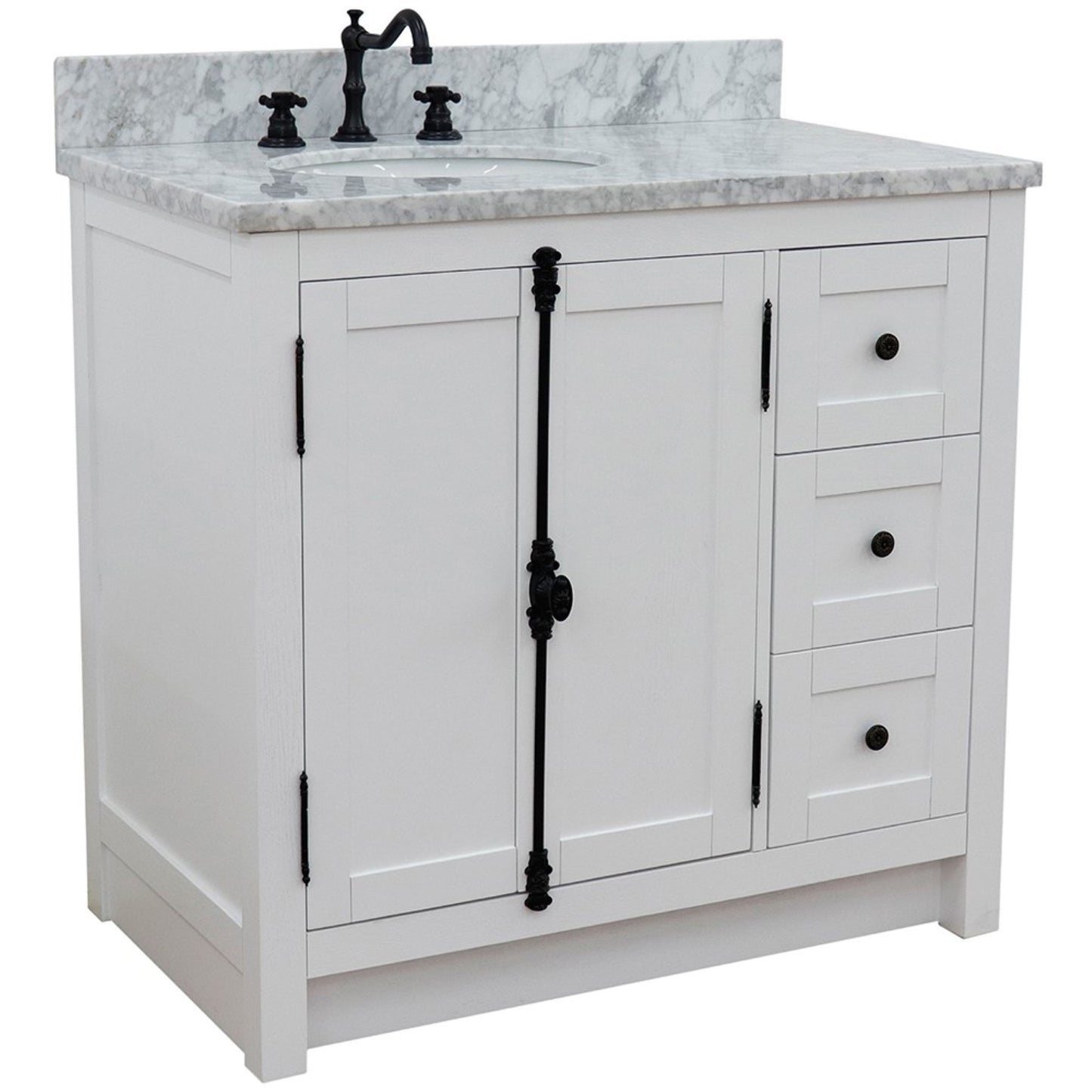 37" Single vanity in Glacier Ash finish with White Carrara top and oval sink Left doors/Left sink