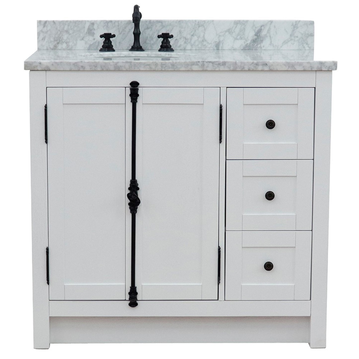 37" Single vanity in Glacier Ash finish with White Carrara top and oval sink Left doors/Left sink