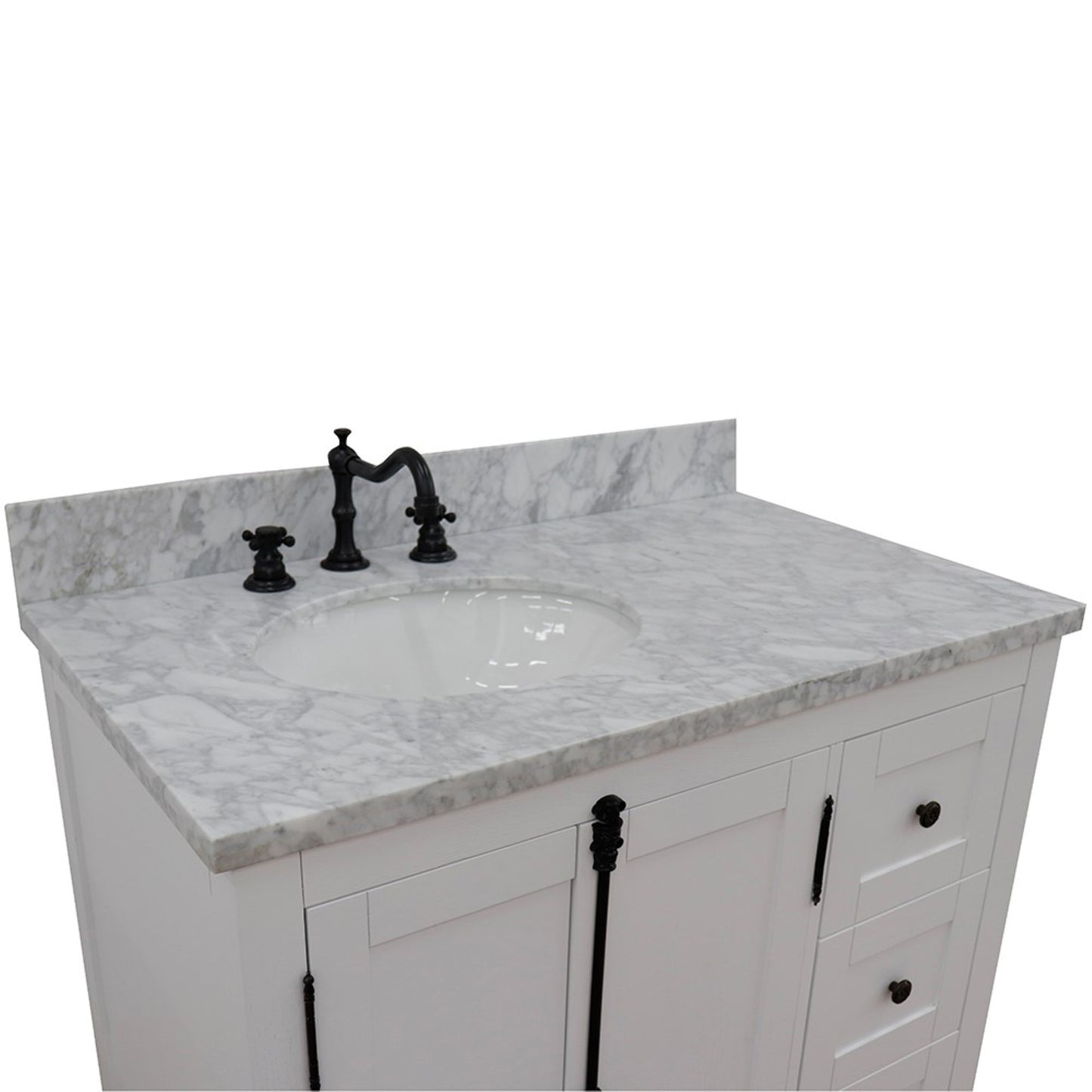 37" Single vanity in Glacier Ash finish with White Carrara top and oval sink Left doors/Left sink