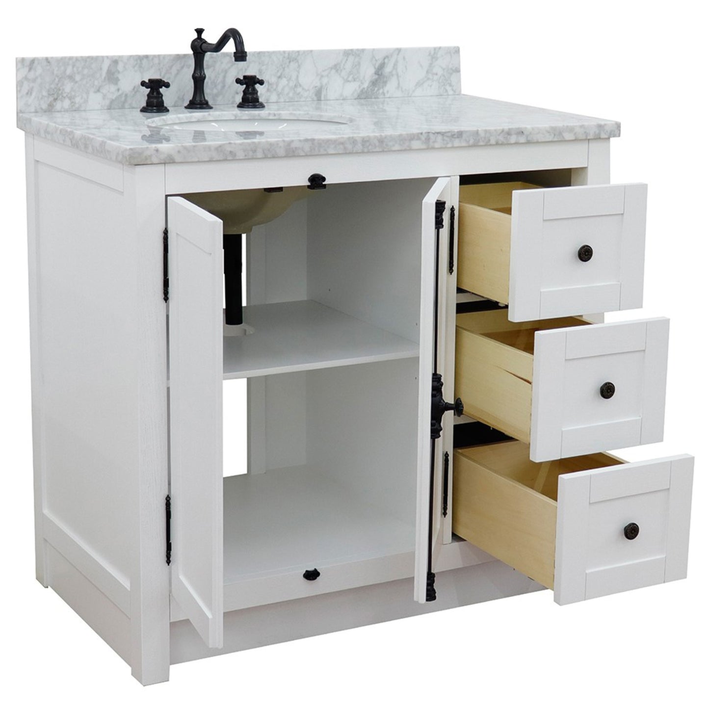 37" Single vanity in Glacier Ash finish with White Carrara top and oval sink Left doors/Left sink