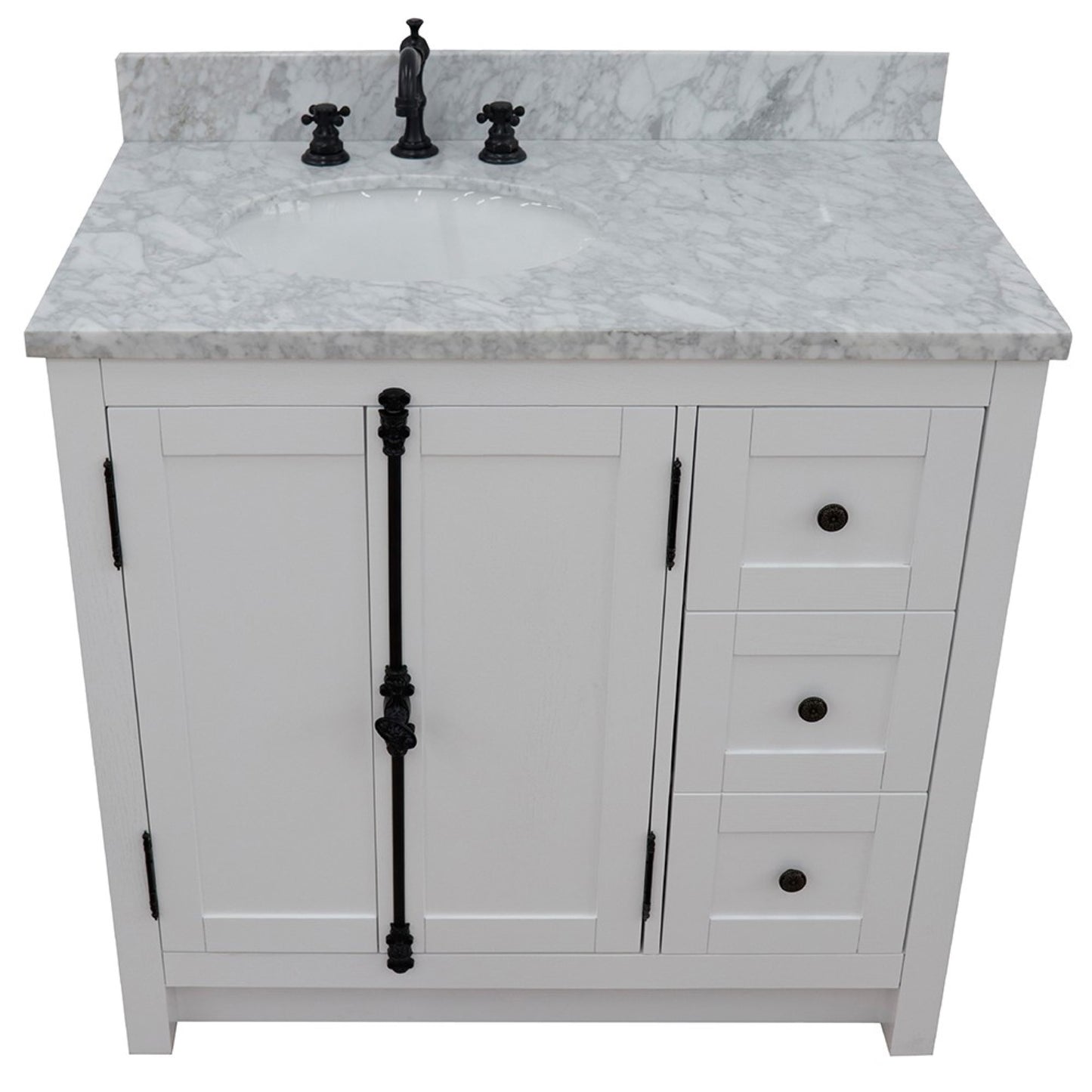 37" Single vanity in Glacier Ash finish with White Carrara top and oval sink Left doors/Left sink