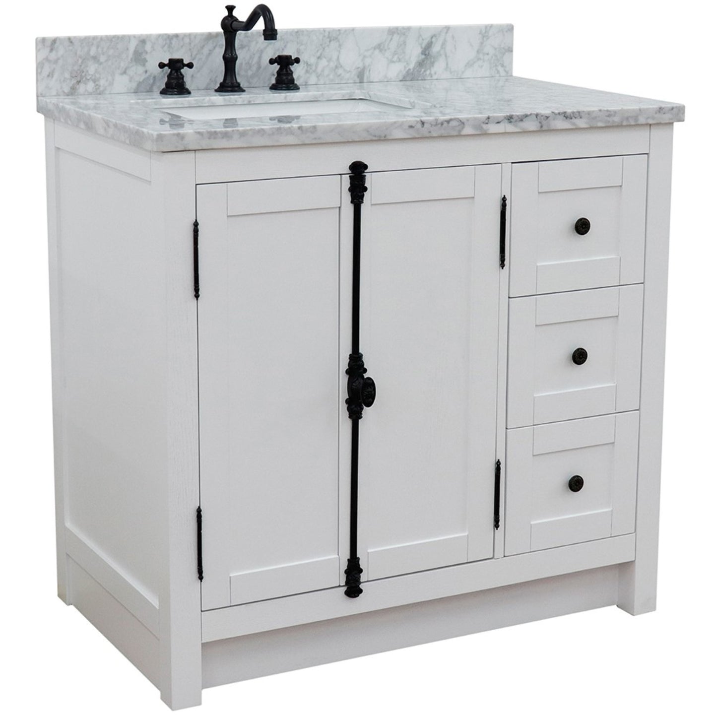 37" Single vanity in Glacier Ash finish with White Carrara top and rectangle sink Left doors/Left sink