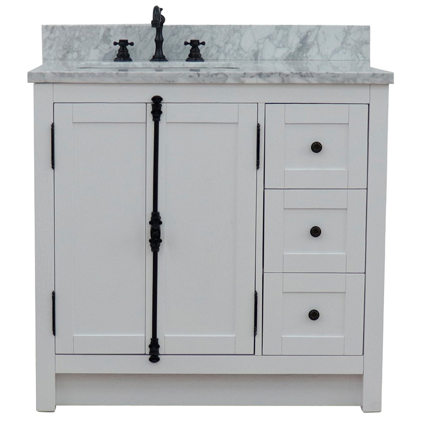 37" Single vanity in Glacier Ash finish with White Carrara top and rectangle sink Left doors/Left sink