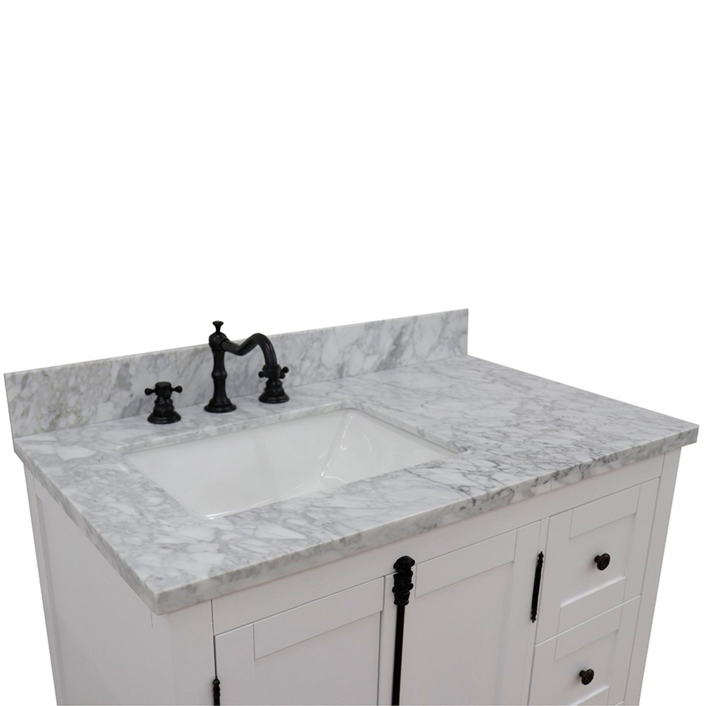 37" Single vanity in Glacier Ash finish with White Carrara top and rectangle sink Left doors/Left sink