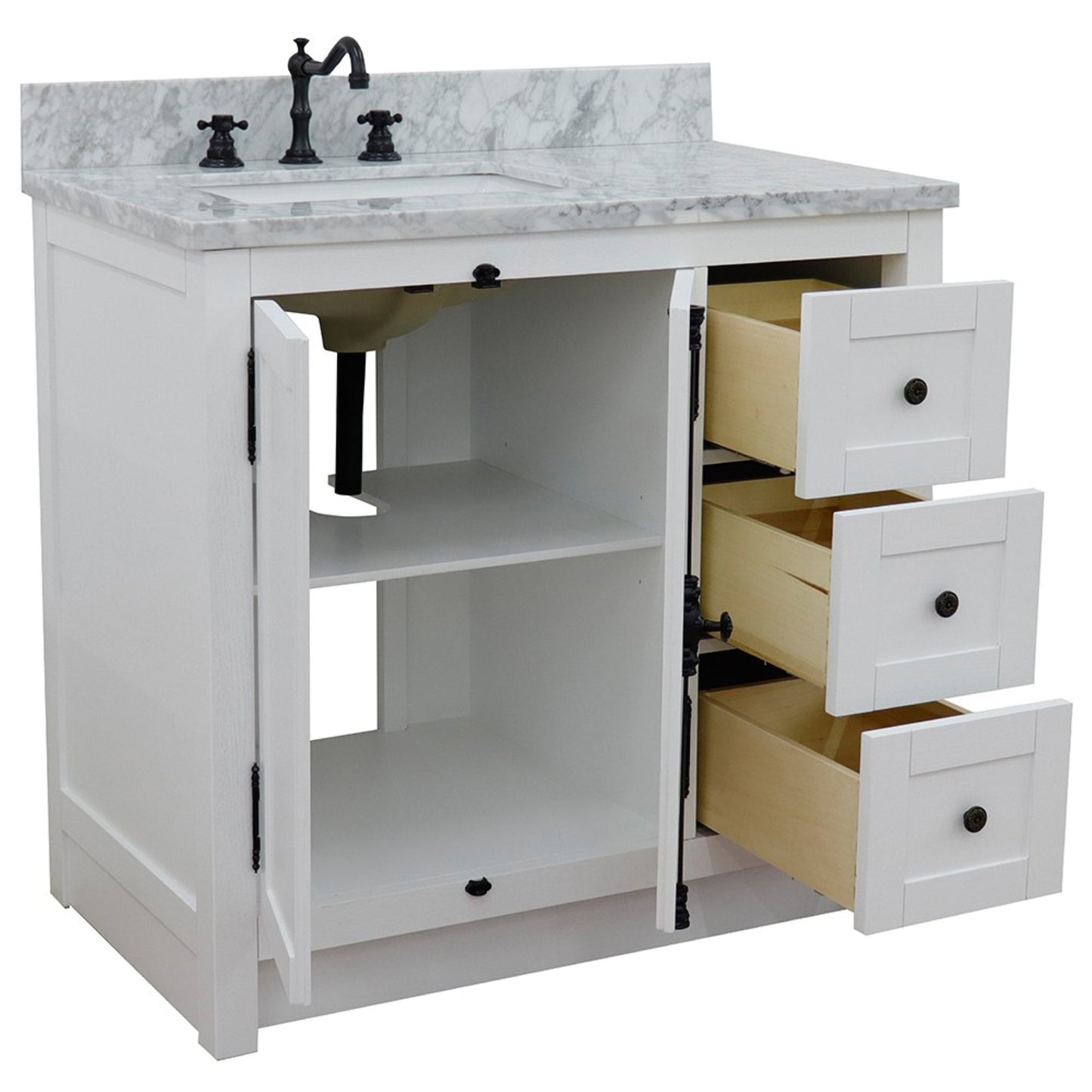 37" Single vanity in Glacier Ash finish with White Carrara top and rectangle sink Left doors/Left sink