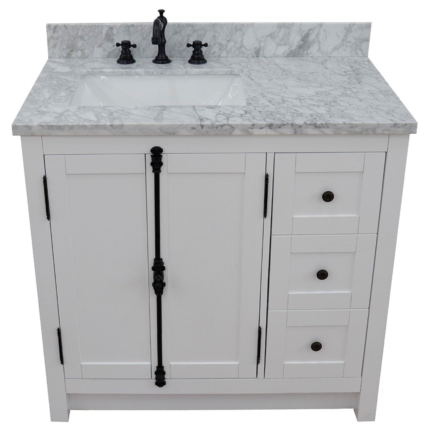 37" Single vanity in Glacier Ash finish with White Carrara top and rectangle sink Left doors/Left sink