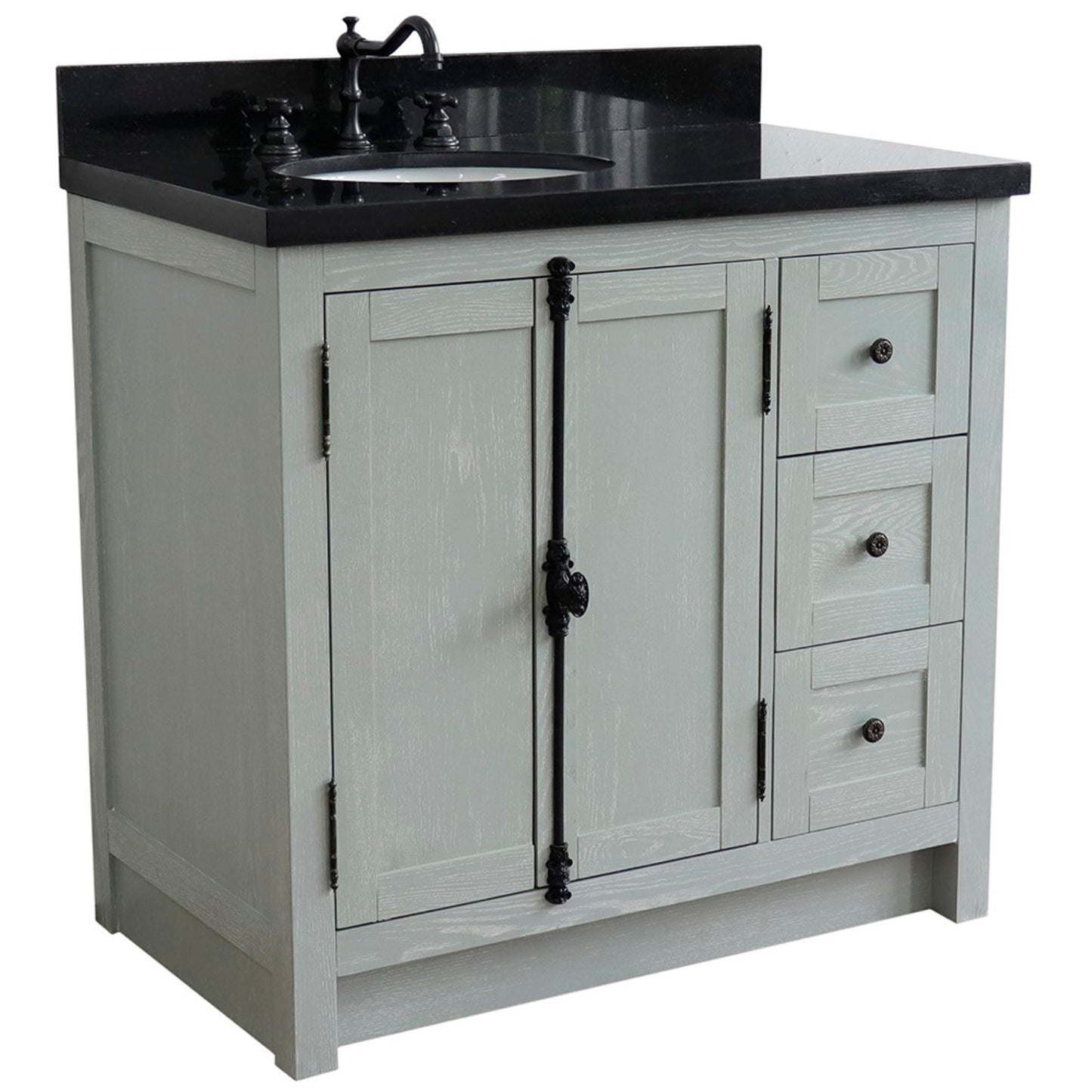 37" Single vanity in Gray Ash finish with Black galaxy top and oval sink Left doors/Left sink