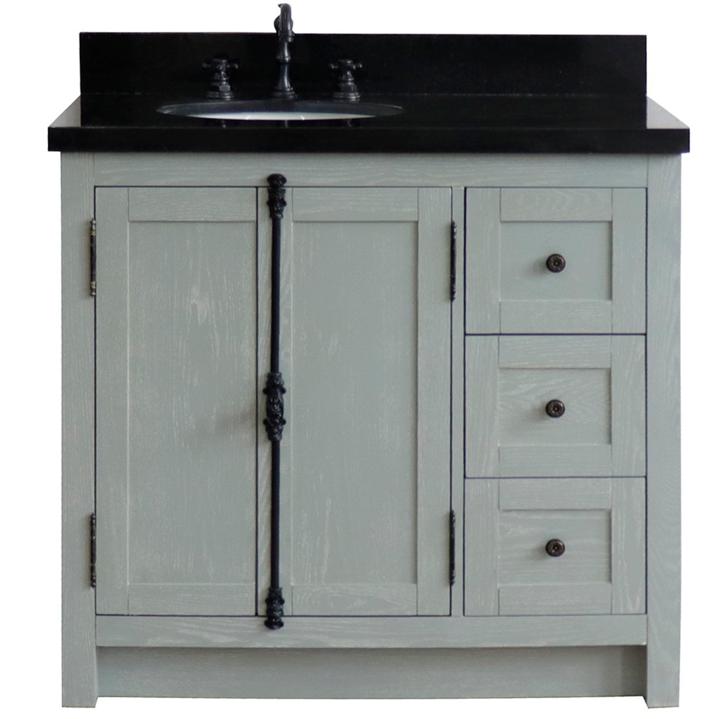 37" Single vanity in Gray Ash finish with Black galaxy top and oval sink Left doors/Left sink