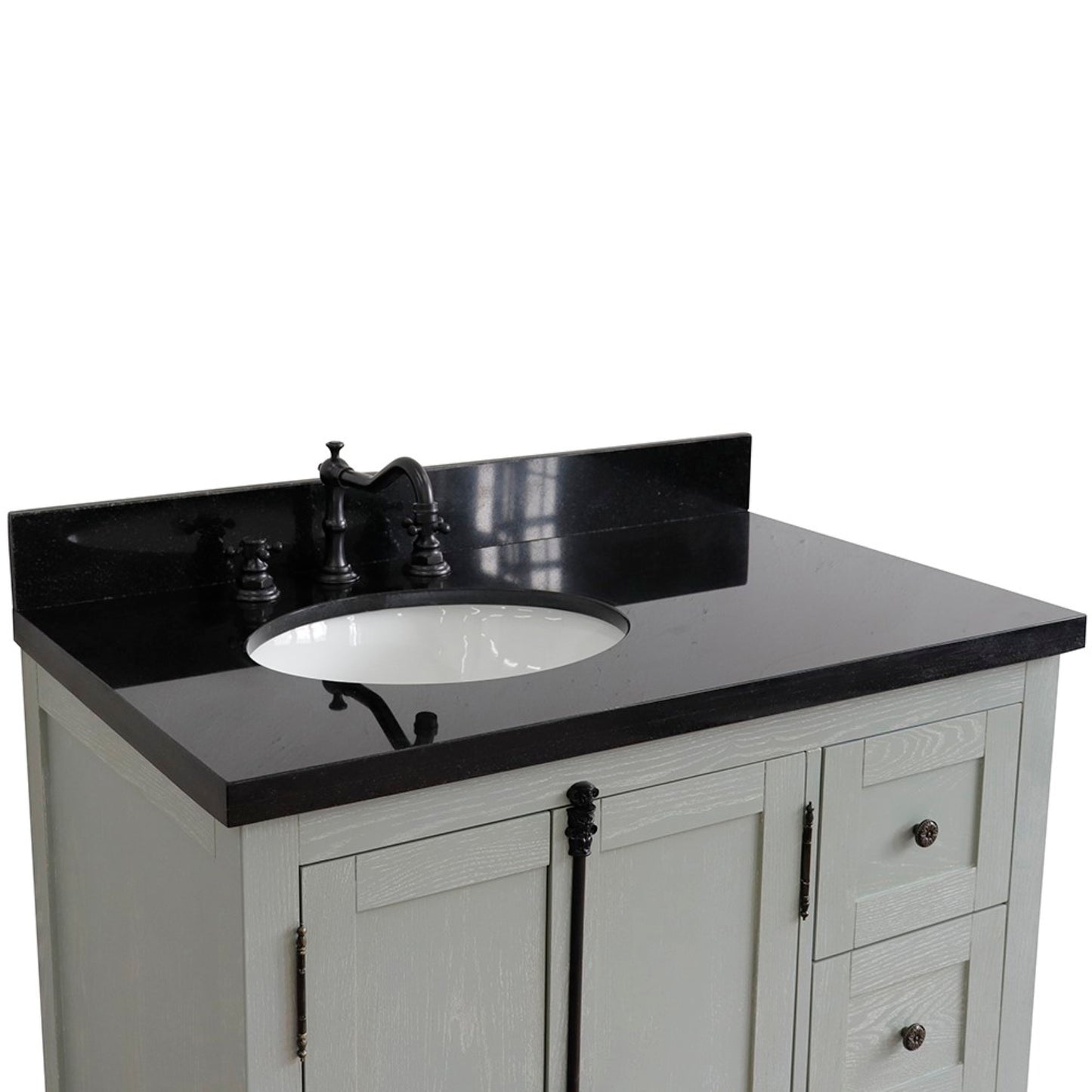 37" Single vanity in Gray Ash finish with Black galaxy top and oval sink Left doors/Left sink