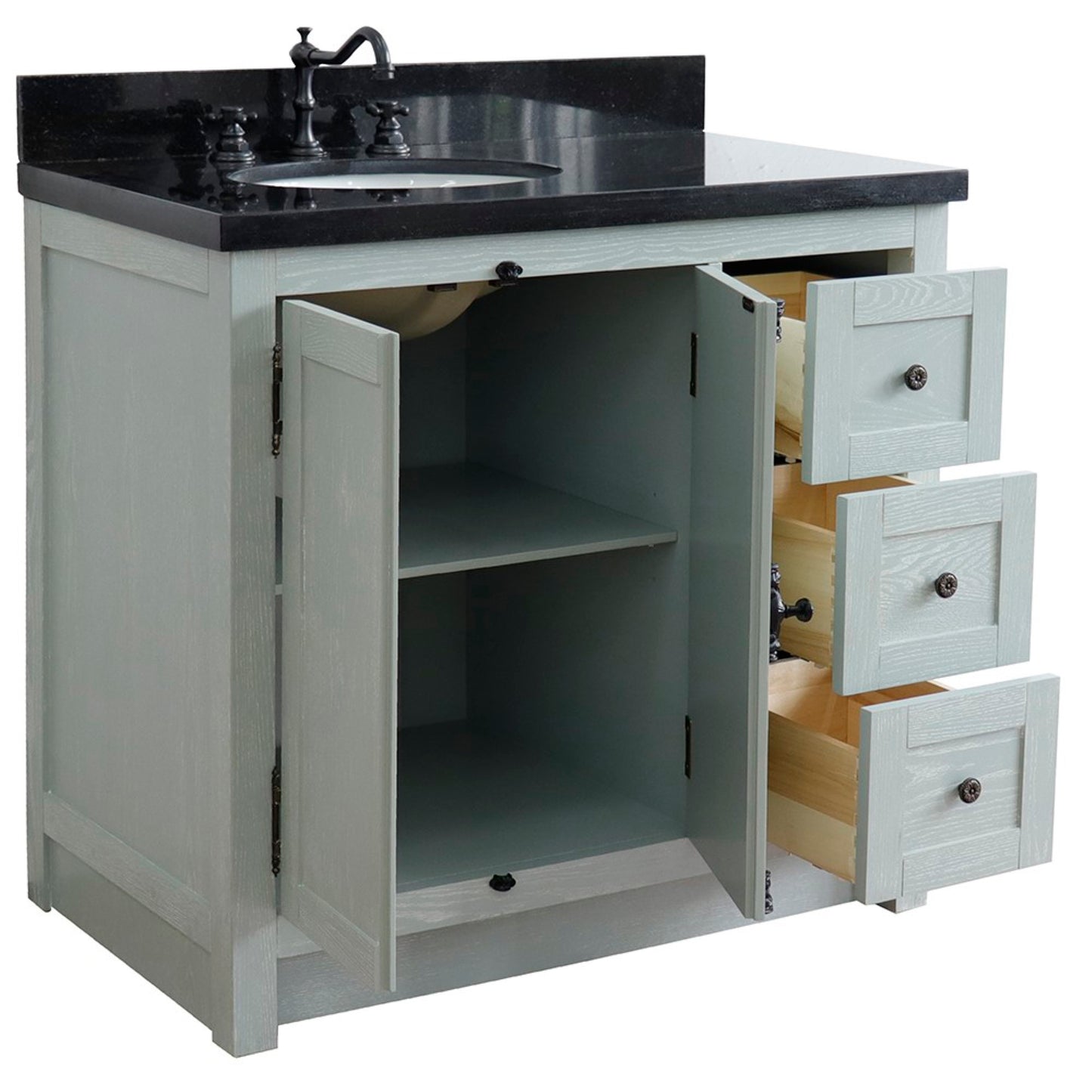 37" Single vanity in Gray Ash finish with Black galaxy top and oval sink Left doors/Left sink
