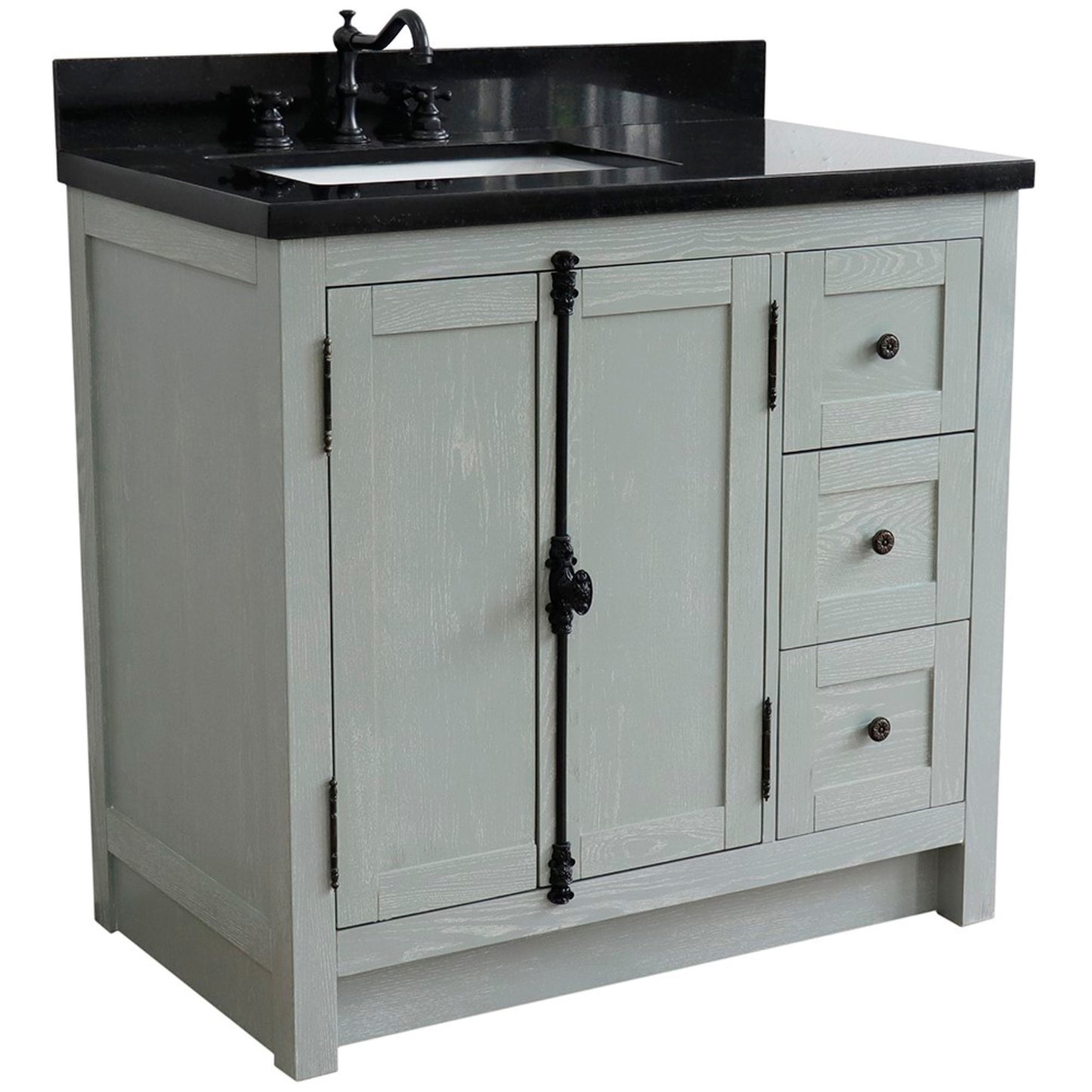 37" Single vanity in Gray Ash finish with Black galaxy top and rectangle sink Left doors/Left sink